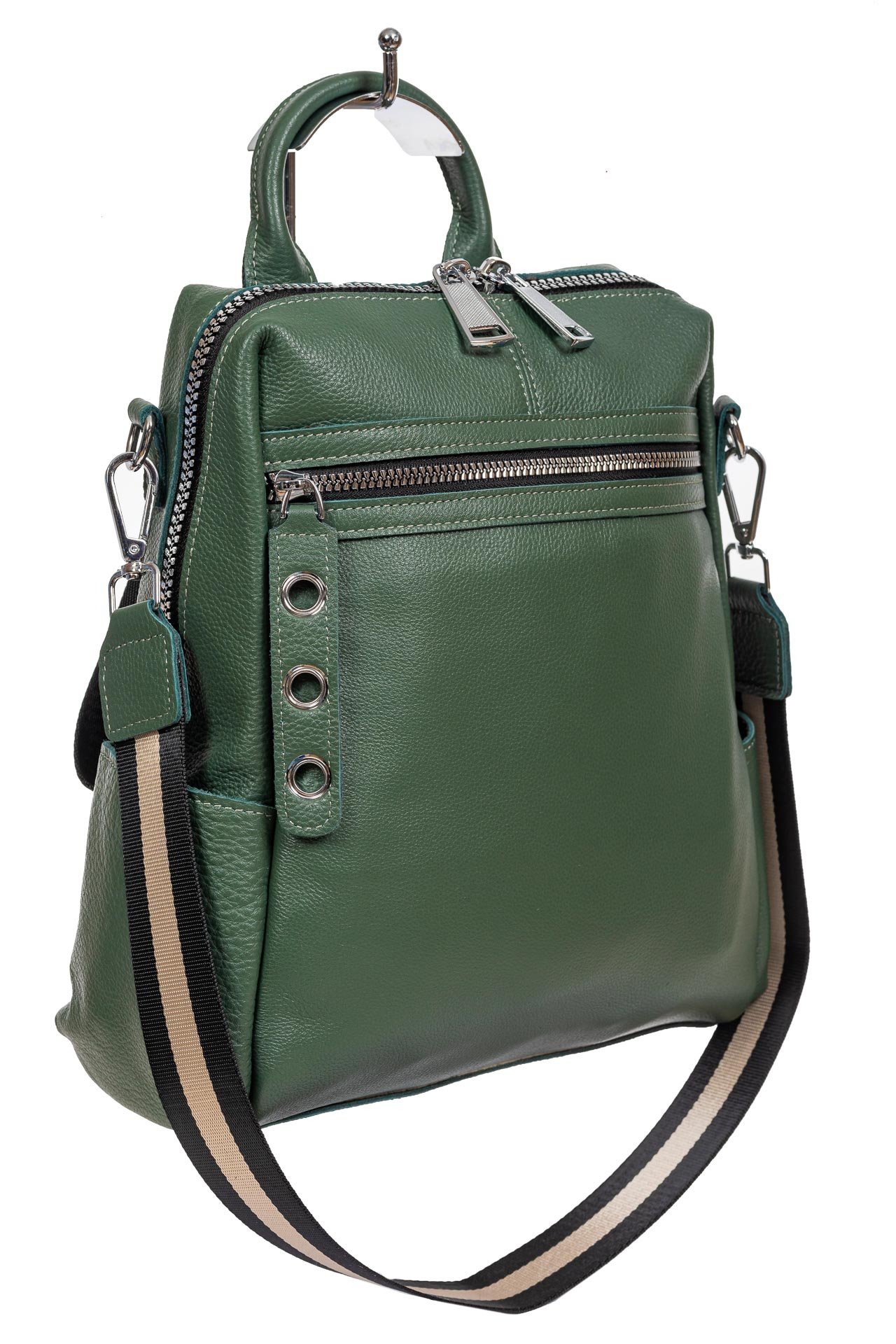 На фото 1 - Молодёжная сумка-рюкзак из фактурной натуральной кожи, цвет зелёный
