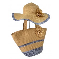 На фото 1 - Плетеная сумка тоут из джута и дамская шляпа, цвет песочный с синим