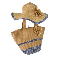 На фото 2 - Плетеная сумка тоут из джута и дамская шляпа, цвет песочный с синим