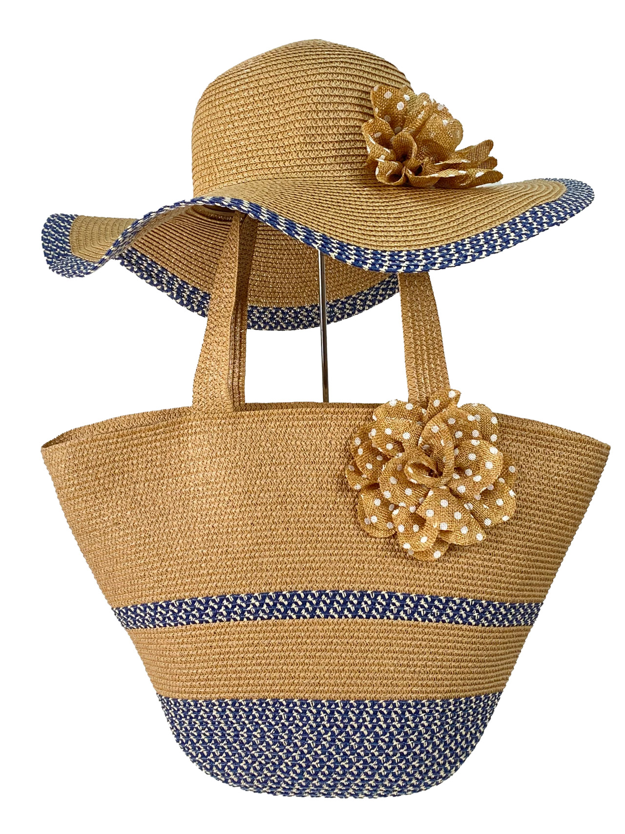 На фото 3 - Плетеная сумка тоут из джута и дамская шляпа, цвет песочный с синим