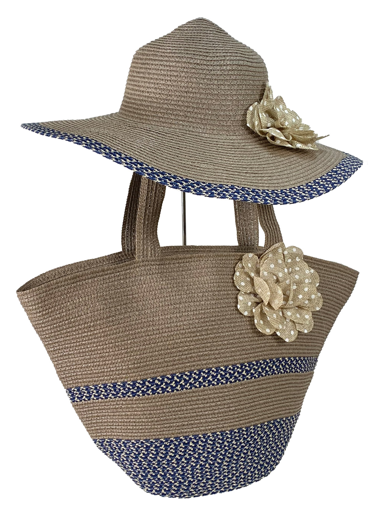 На фото 1 - Плетеная сумка тоут из джута и дамская шляпа, цвет серый с синим