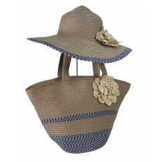 На фото 2 - Плетеная сумка тоут из джута и дамская шляпа, цвет серый с синим