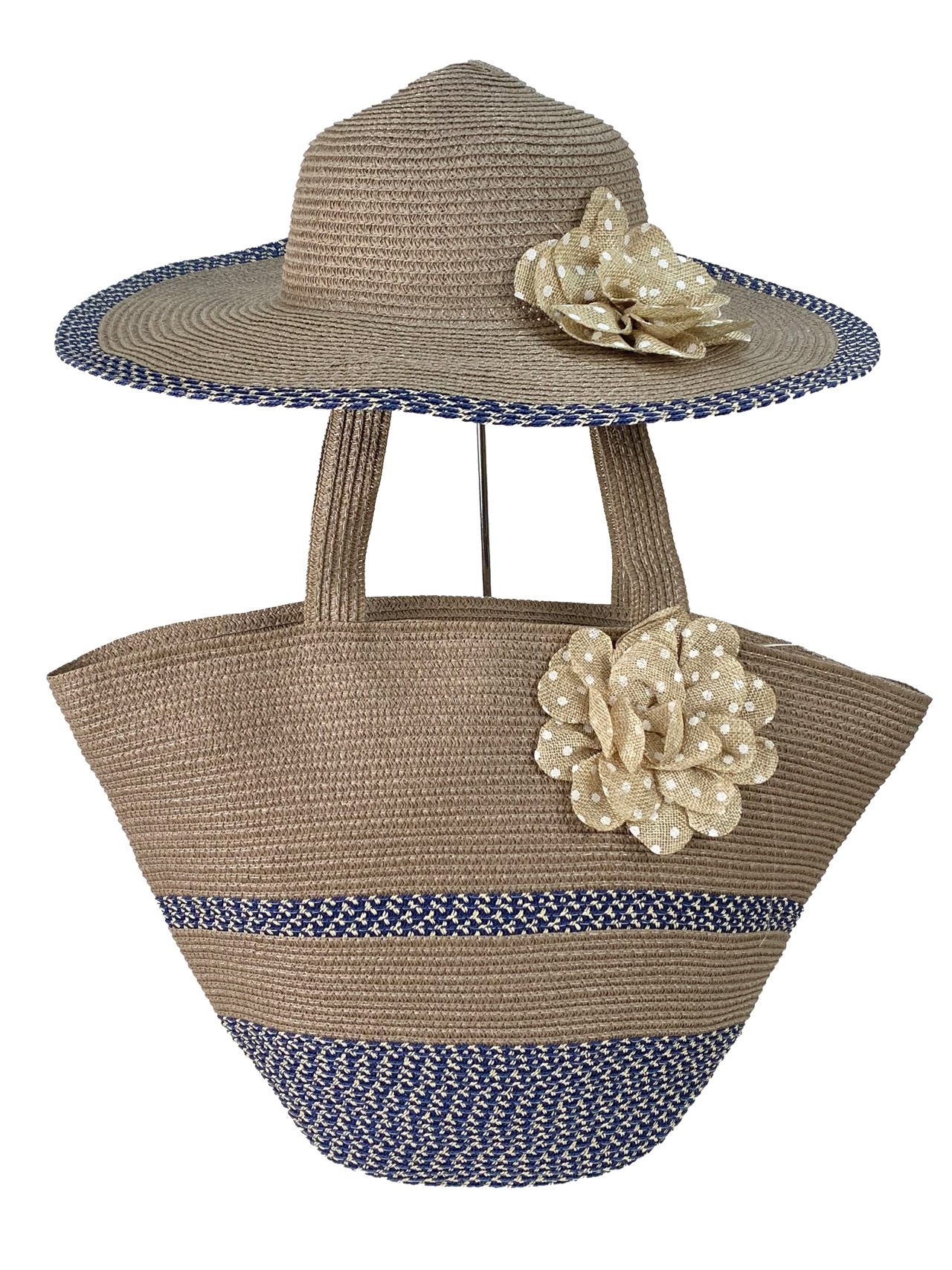 На фото 3 - Плетеная сумка тоут из джута и дамская шляпа, цвет серый с синим