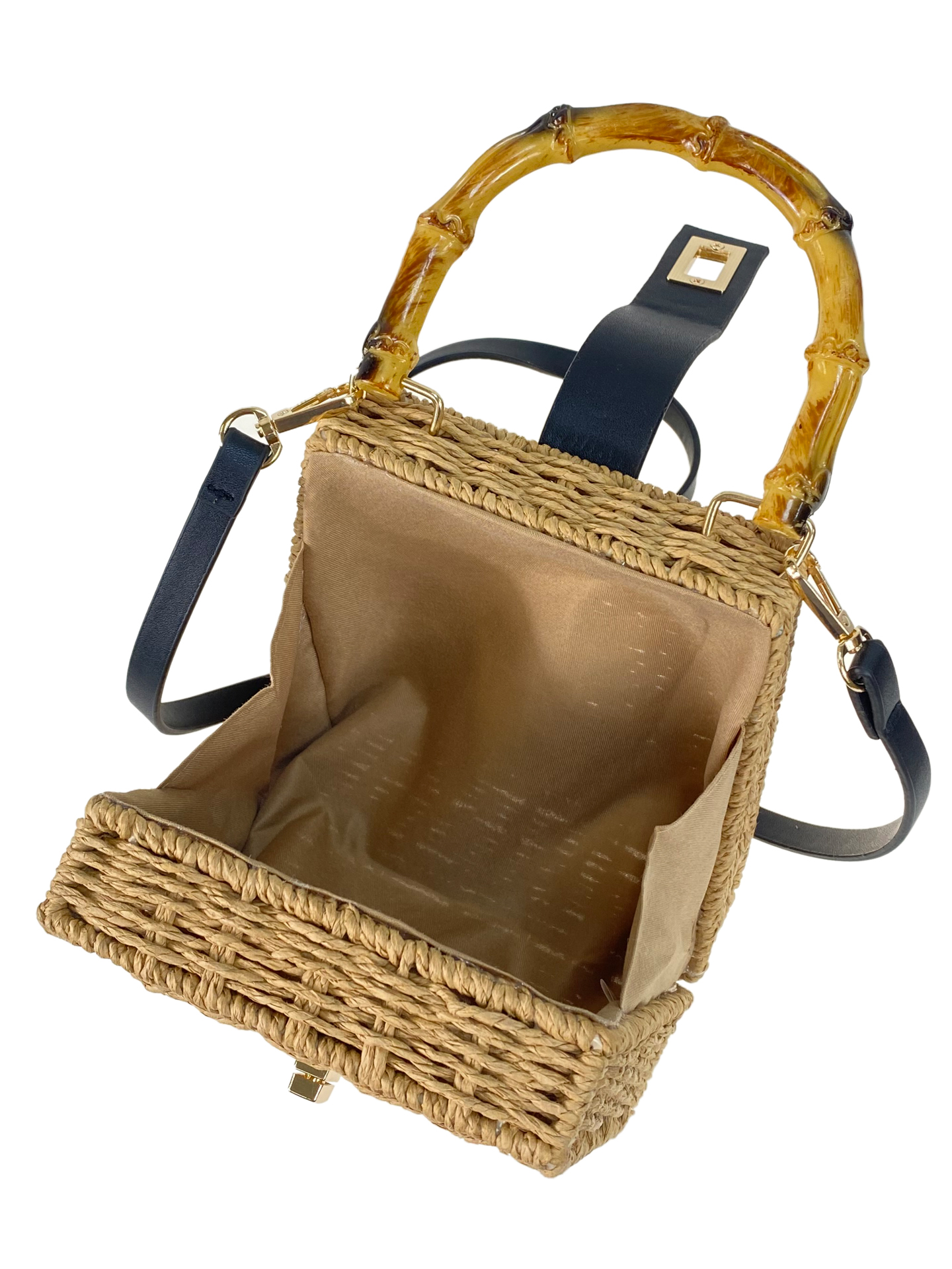 На фото 2 - Квадратная плетеная сумка из соломы, цвет крафт