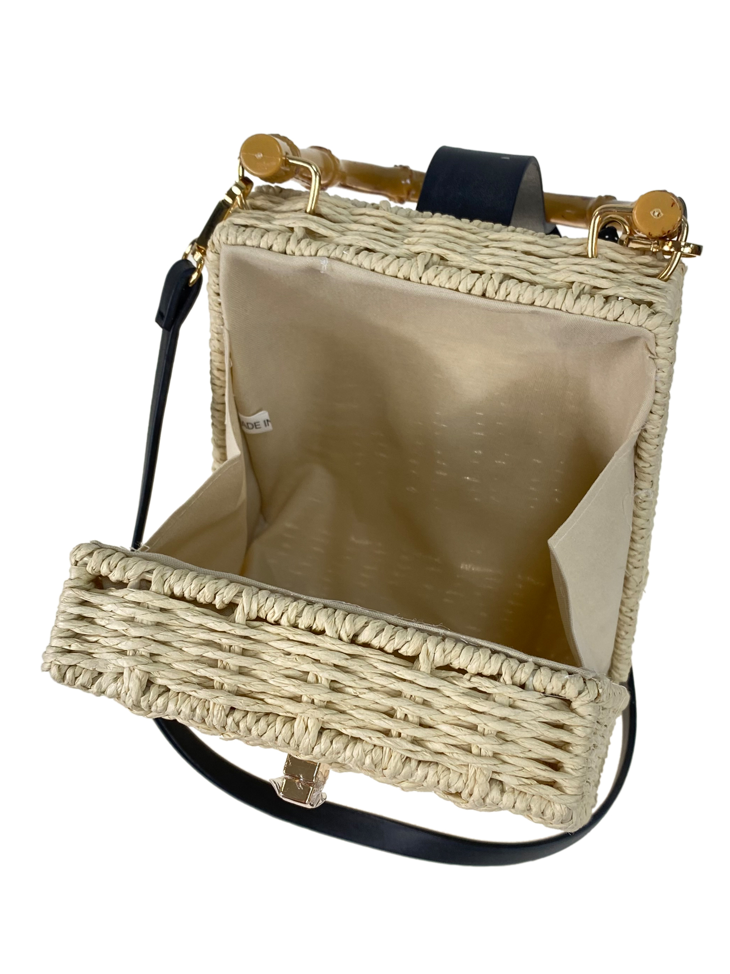 На фото 2 - Квадратная плетеная сумка из соломы, цвет молочный