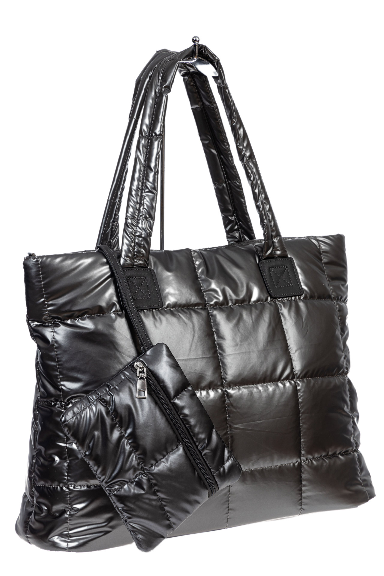 На фото 3 - Cтильная женская сумка-шоппер из водооталкивающей ткани, цвет серый металлик