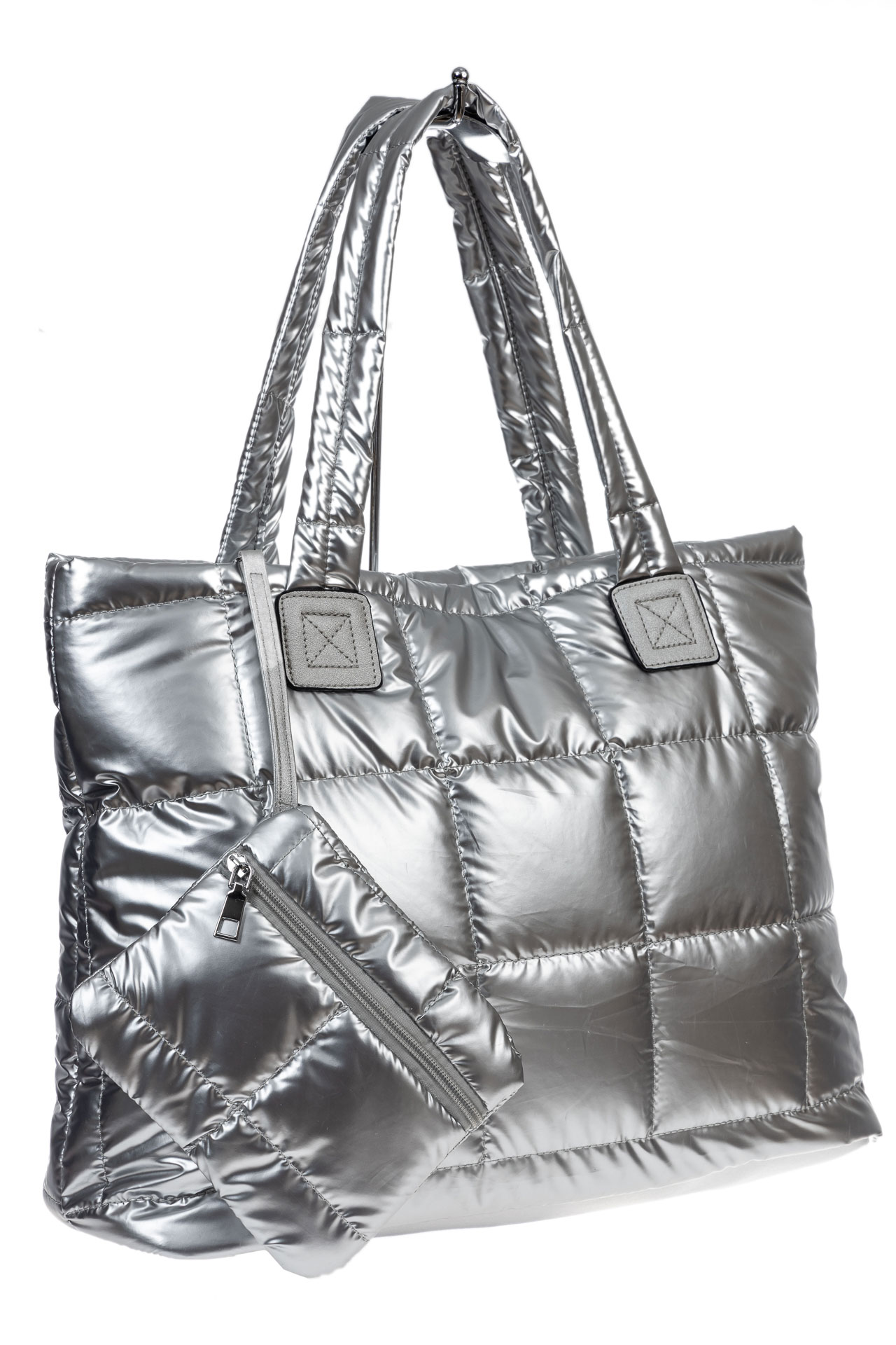 На фото 3 - Cтильная женская сумка-шоппер из водооталкивающей ткани, цвет серебро