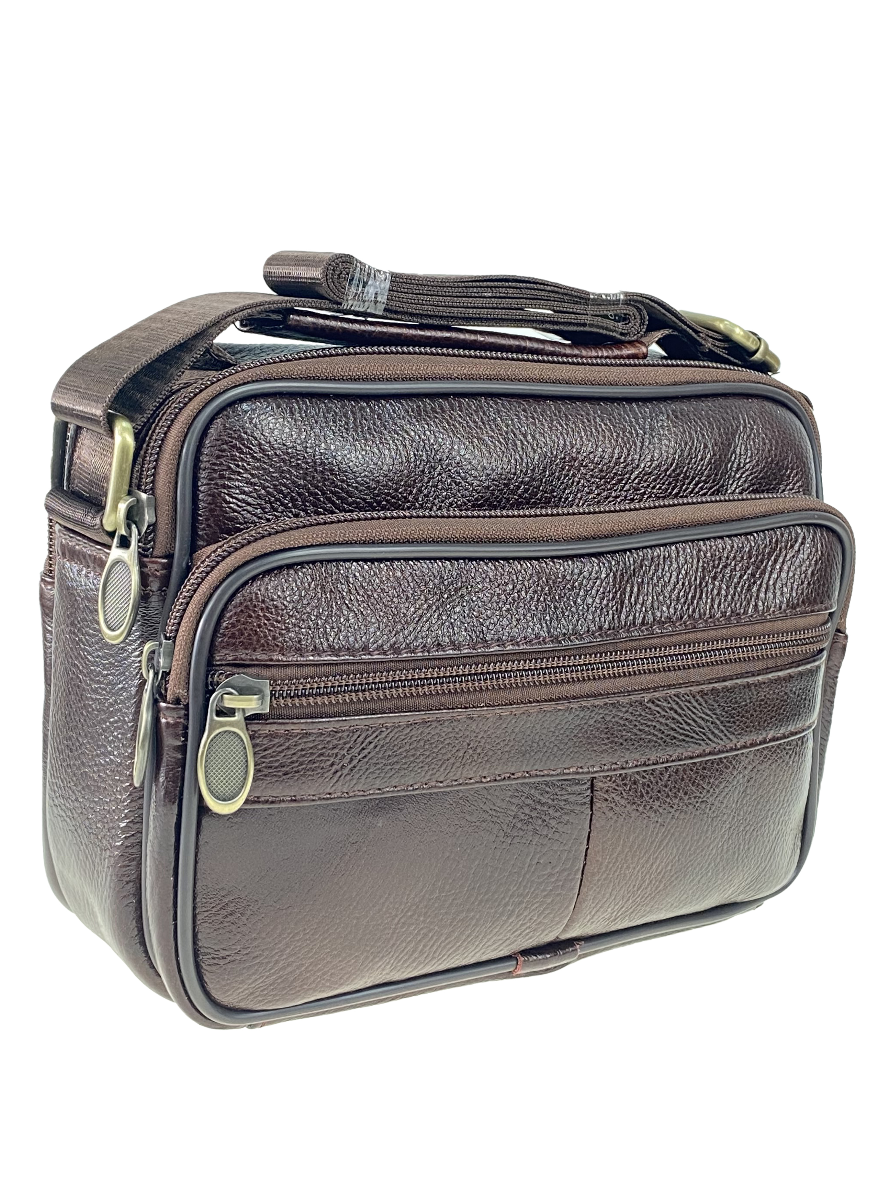 На фото 1 - Мужская плечевая сумка для документов из натуральной кожи, цвет коричневый