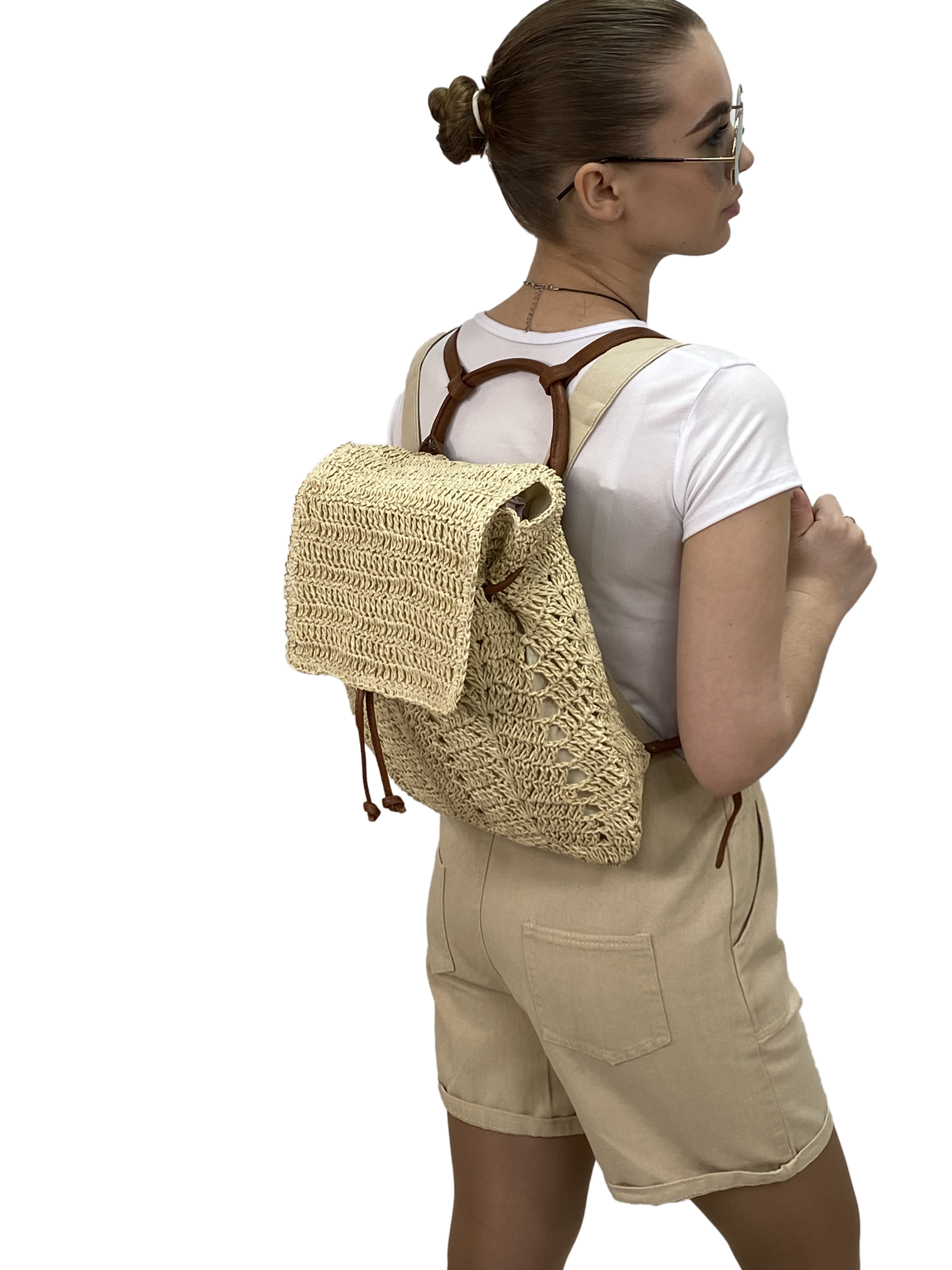 На фото 2 - Сумка-рюкзак плетеная из джута, цвет молочно-бежевый