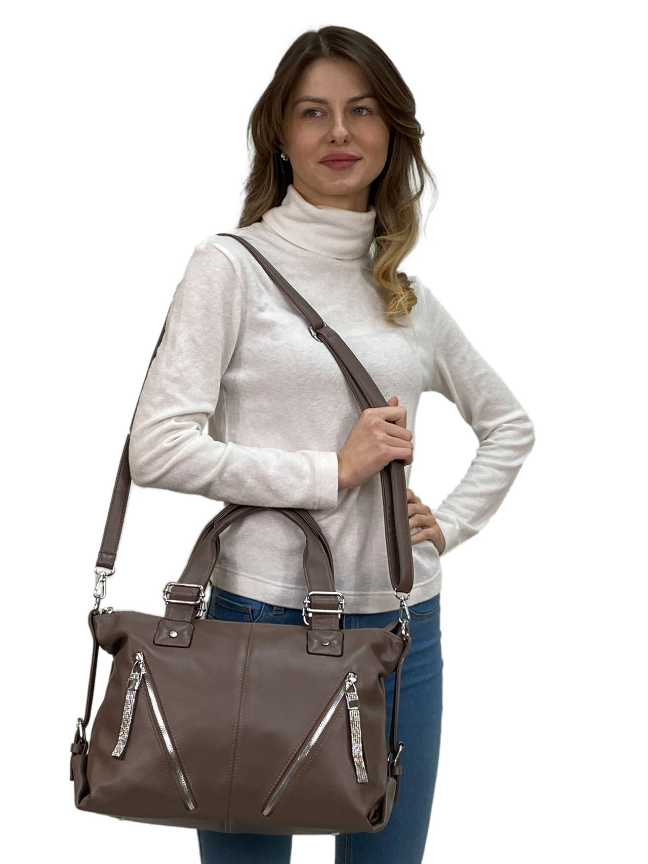 На фото 1 - Женская сумка из искусственной кожи, цвет пудра