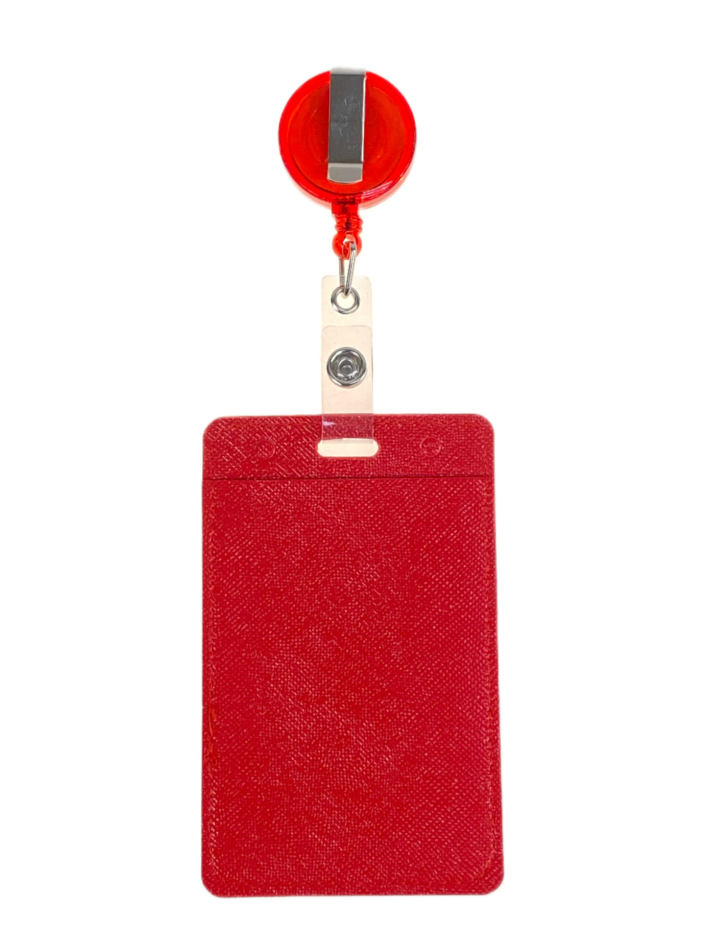 На фото 2 - Бейдж с лентой на рулетке вертикальный, цвет красный