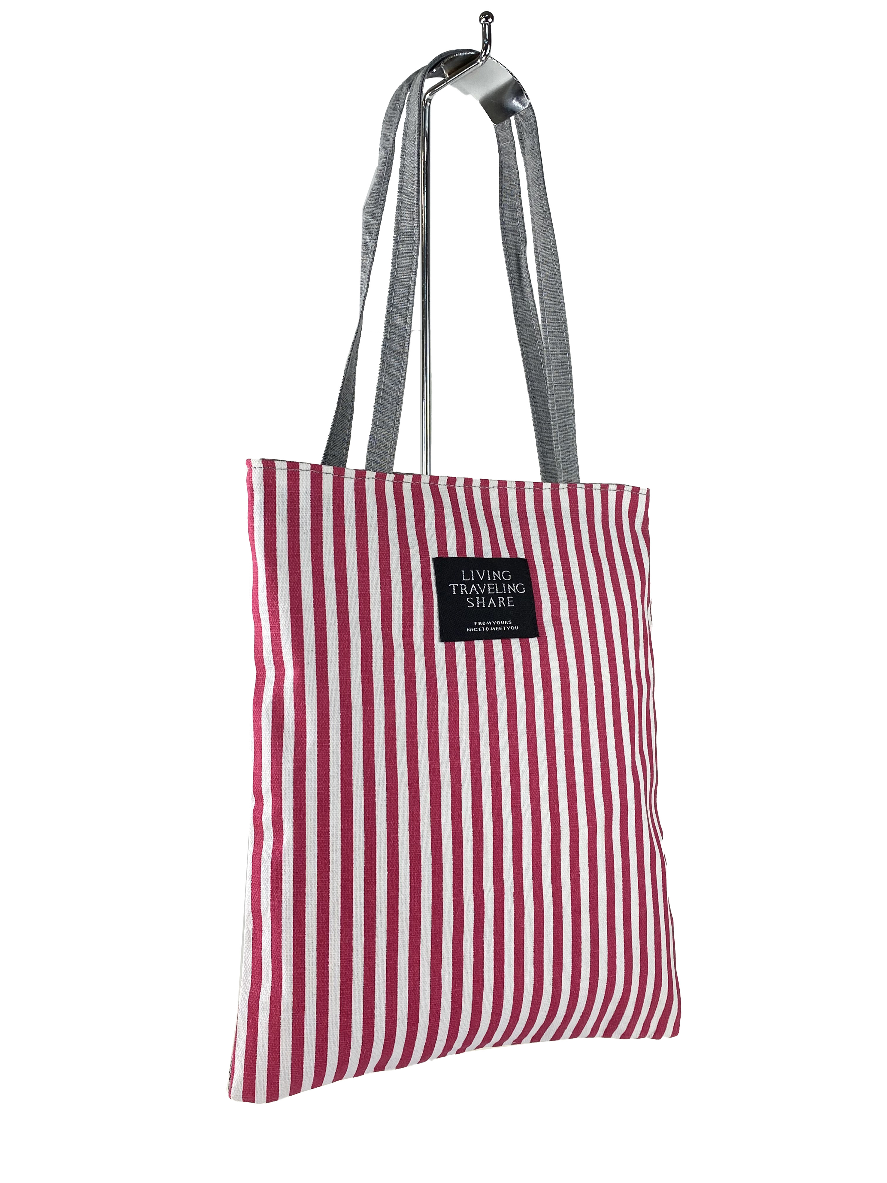 На фото 1 - Летняя женская сумка-шоппер из текстиля в полоску, цвет красный с белым