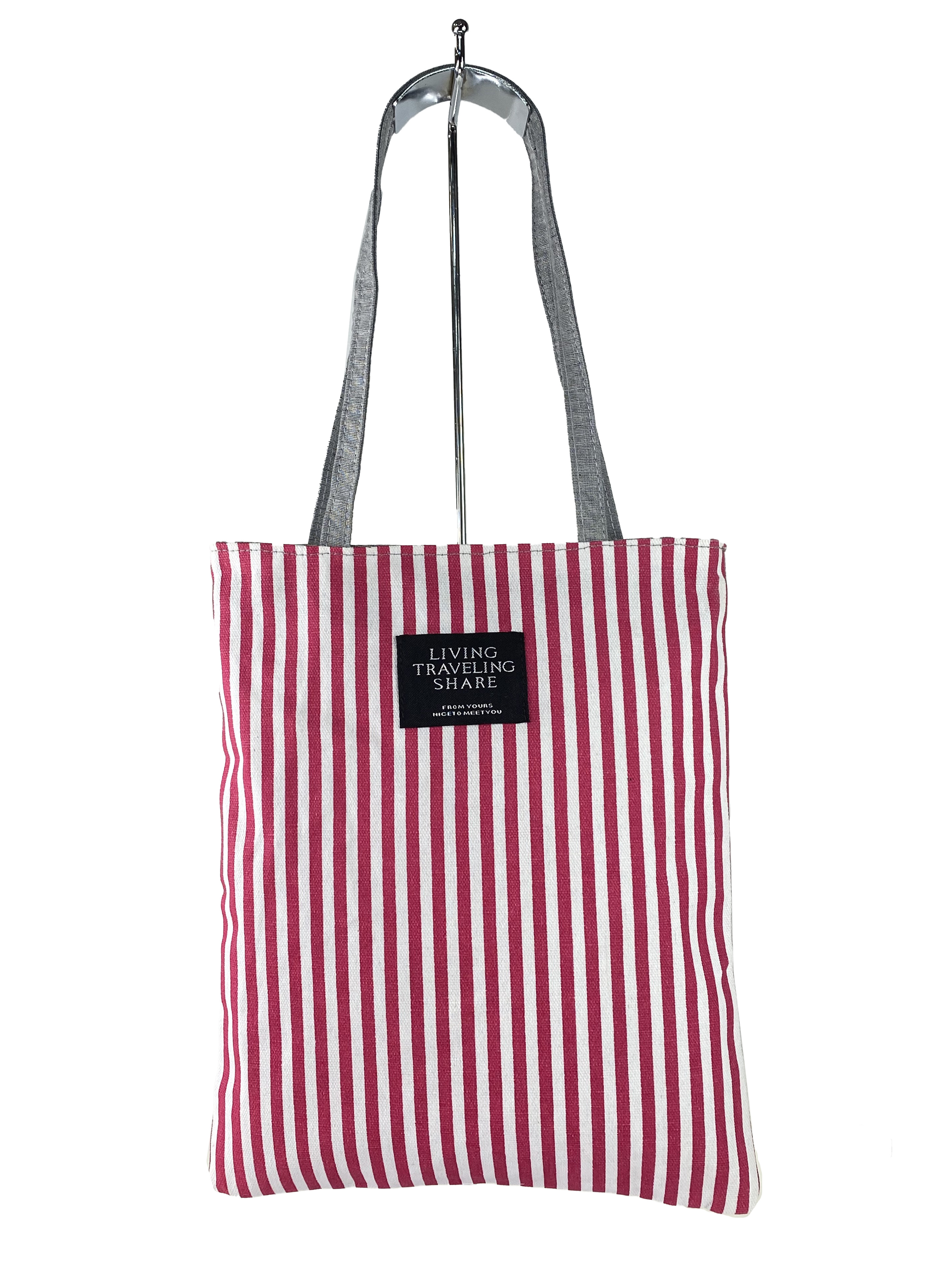 На фото 2 - Летняя женская сумка-шоппер из текстиля в полоску, цвет красный с белым