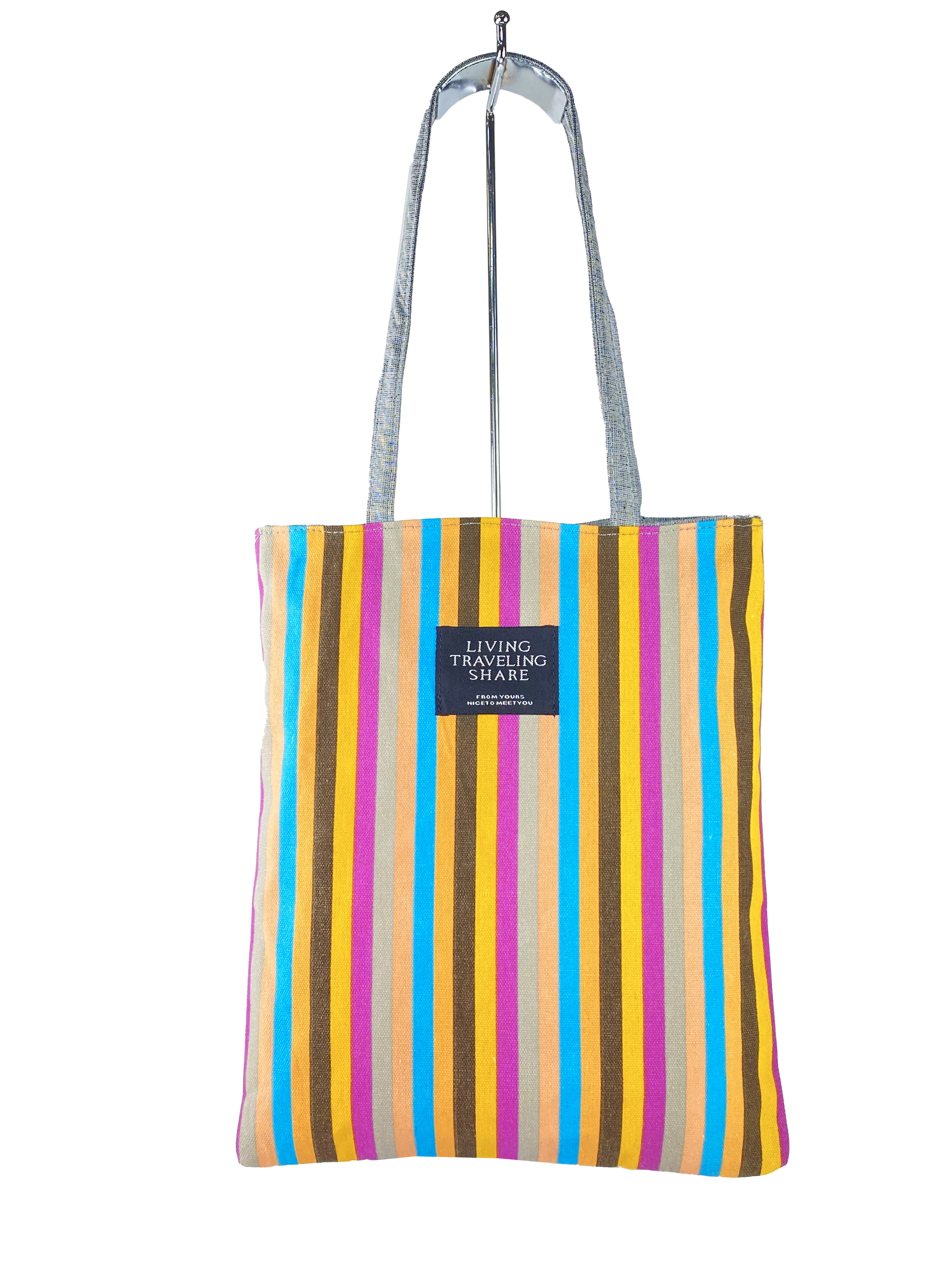 На фото 2 - Женская летняя сумка-шоппер из полосатого текстиля, разноцветная