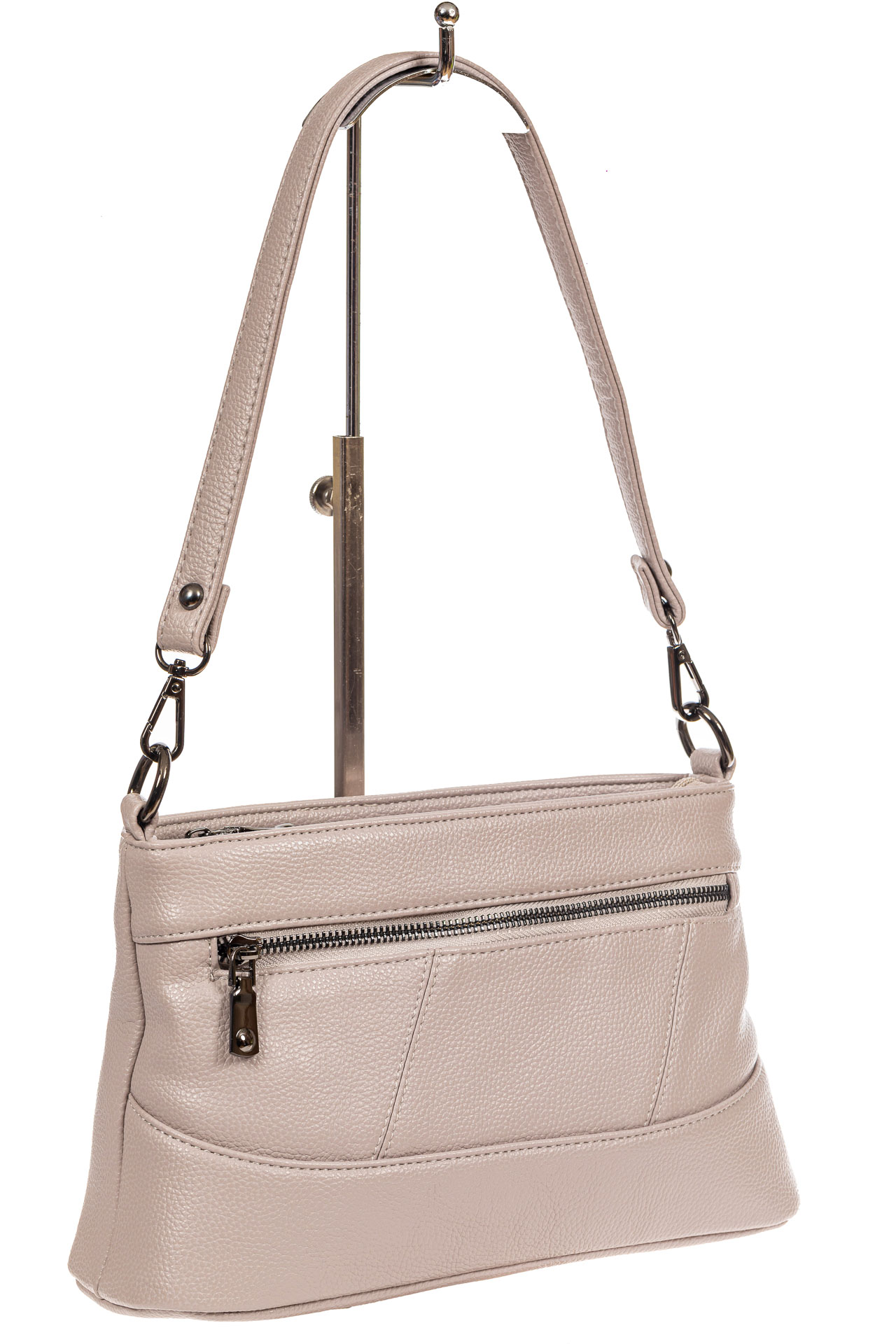 На фото 1 - Классическая женская сумка из фактурной искусственной кожи, цвет светло-серый