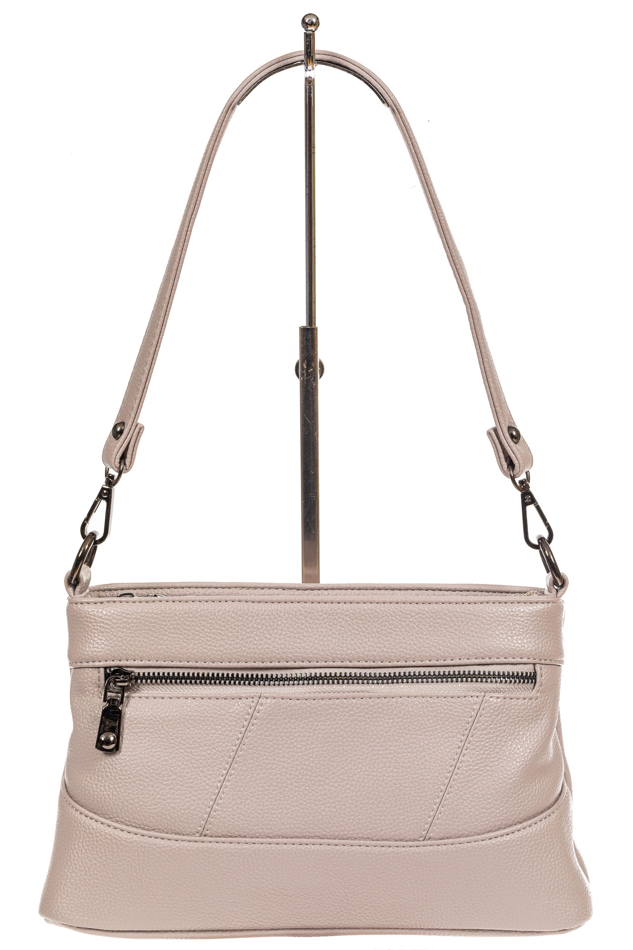 На фото 2 - Классическая женская сумка из фактурной искусственной кожи, цвет светло-серый
