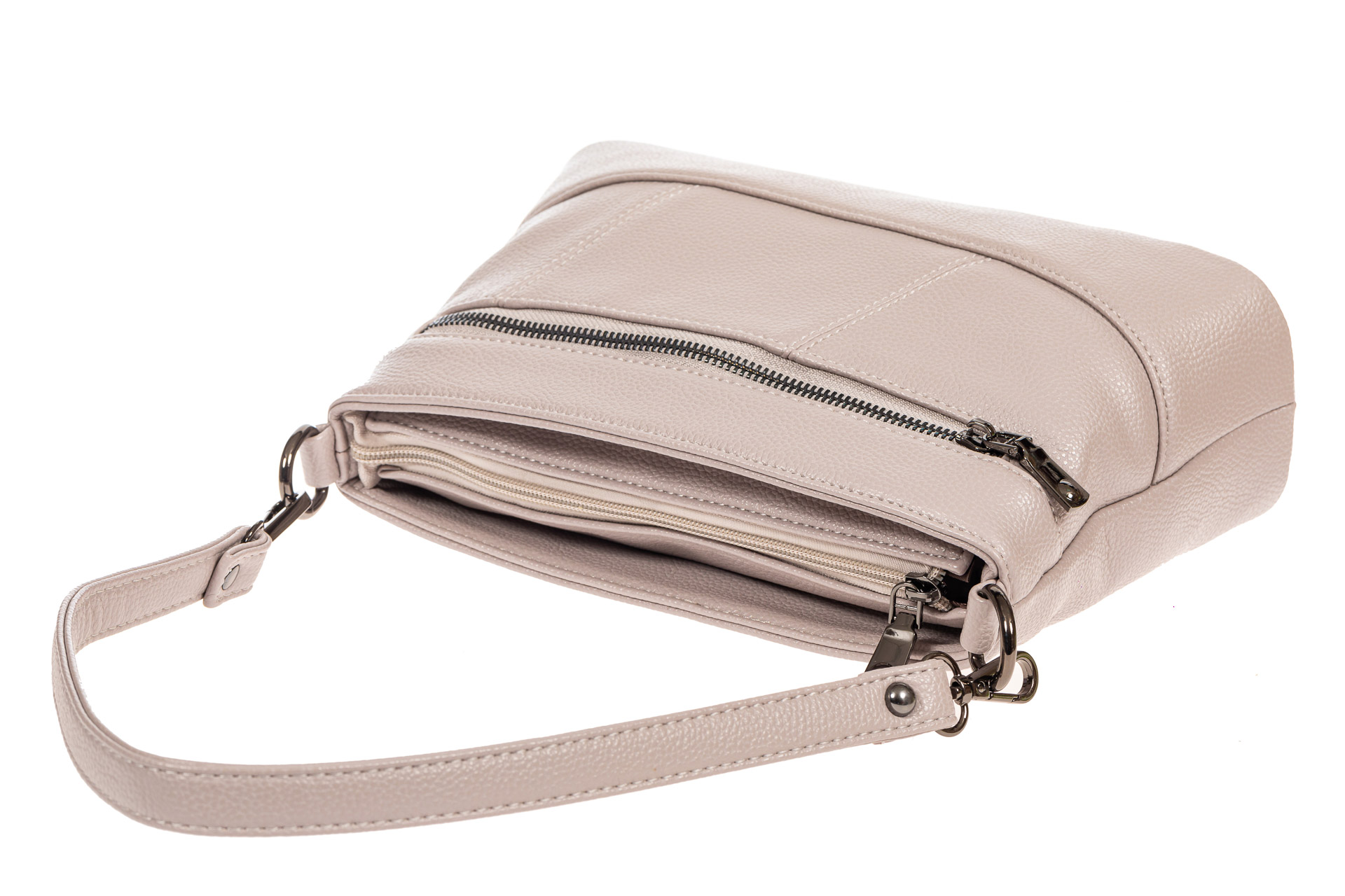 На фото 4 - Классическая женская сумка из фактурной искусственной кожи, цвет светло-серый