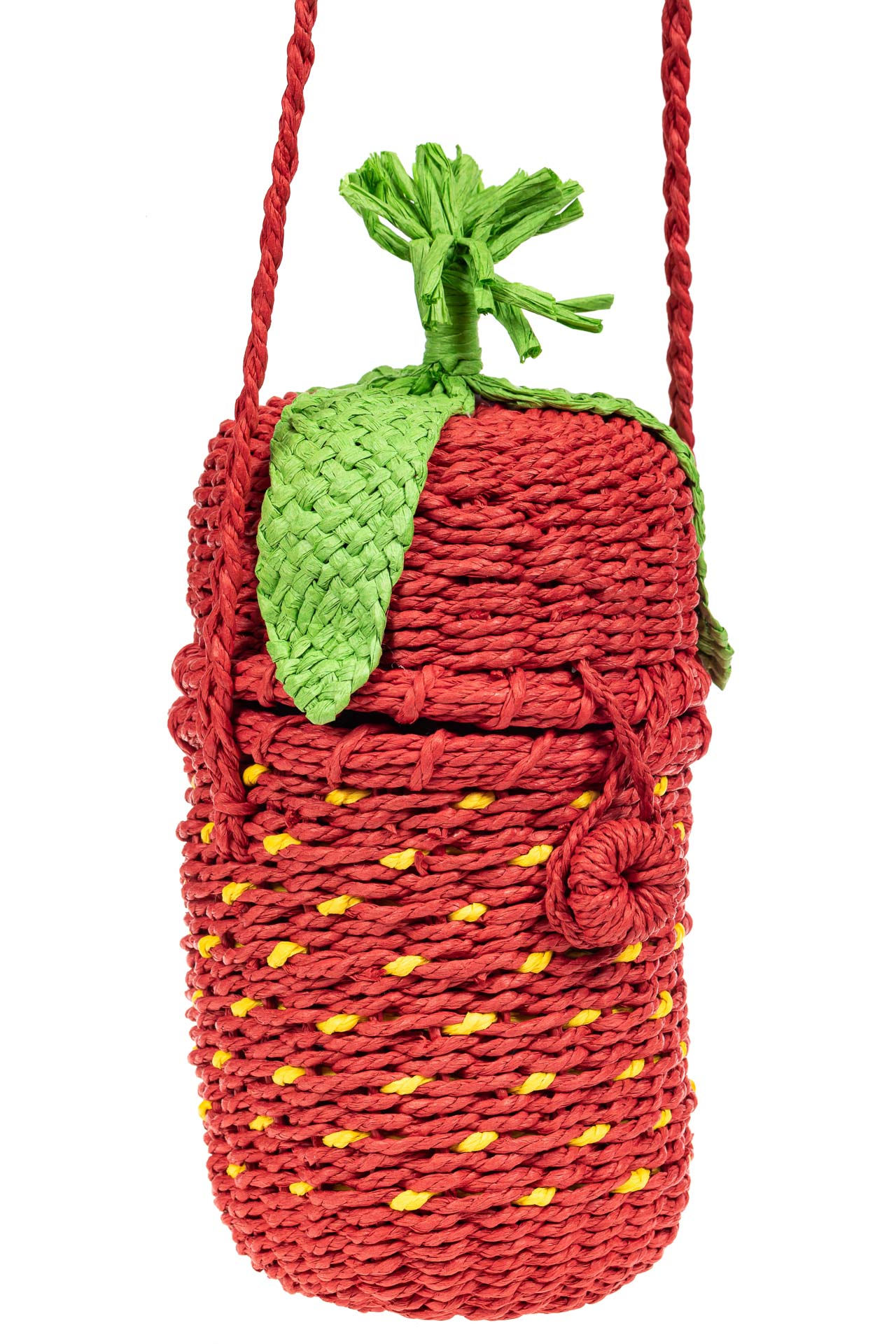 На фото 1 - Плетеная сумка-ведерко из соломы, цвет красный