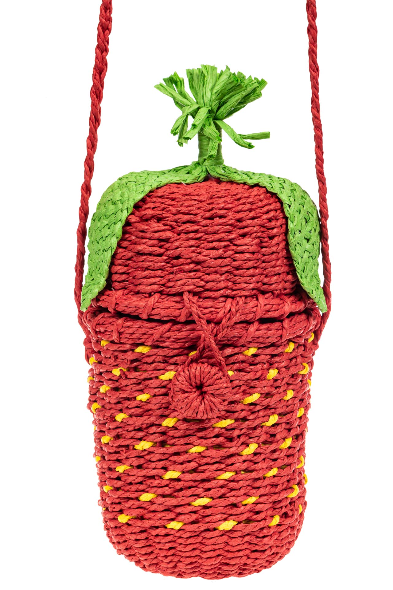 На фото 2 - Плетеная сумка-ведерко из соломы, цвет красный