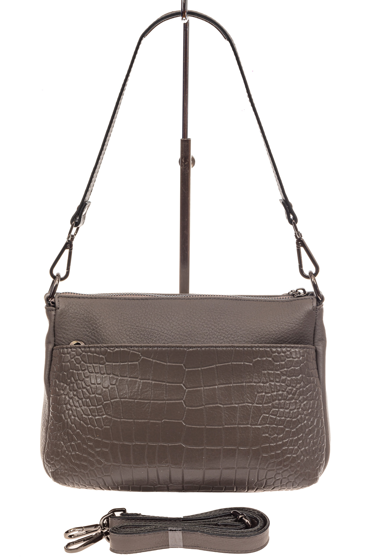 На фото 3 - Кожаная женская сумка с фактурой под рептилию, цвет серый