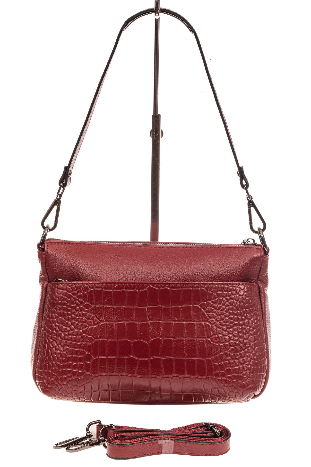 На фото 3 - Кожаная женская сумка с фактурой под рептилию, цвет темно-красный