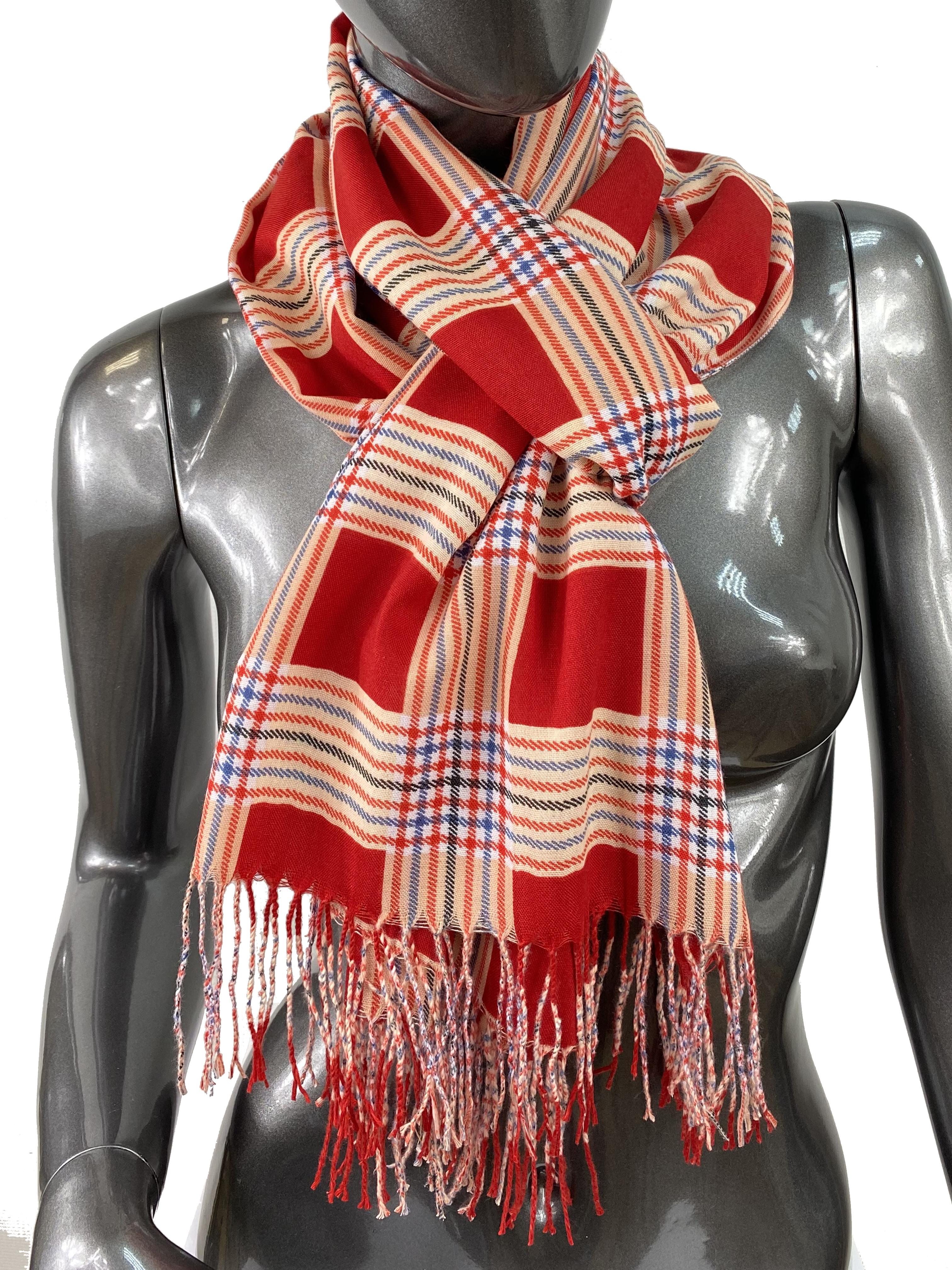 Лёгкий клетчатый шарф-палантин из хлопка и бамбука, цвет красный