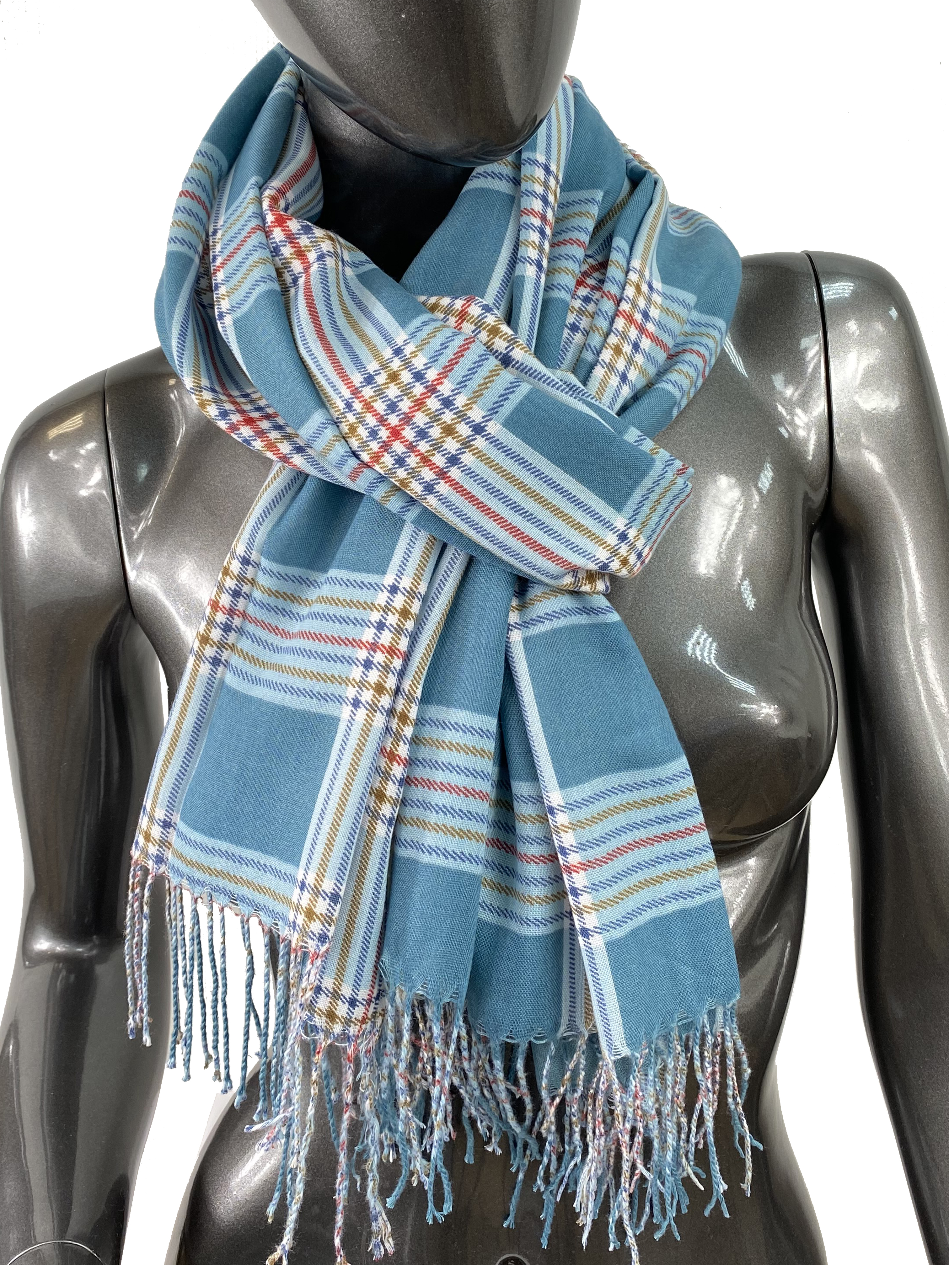 На фото 1 - Лёгкий клетчатый шарф-палантин из хлопка и бамбука, цвет бирюзовый