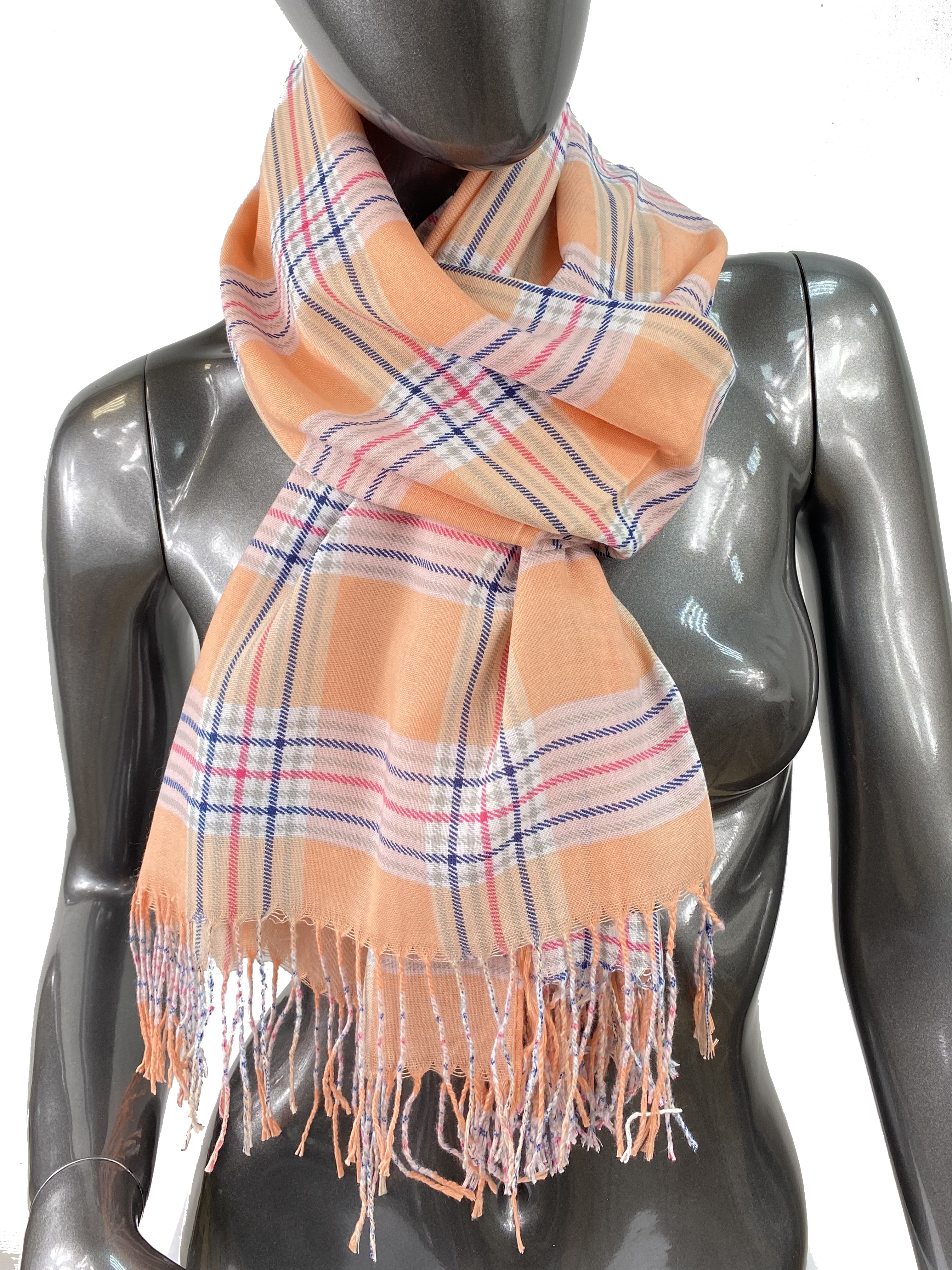 На фото 1 - Лёгкий клетчатый шарф-палантин из хлопка и бамбука, цвет светло-оранжевый