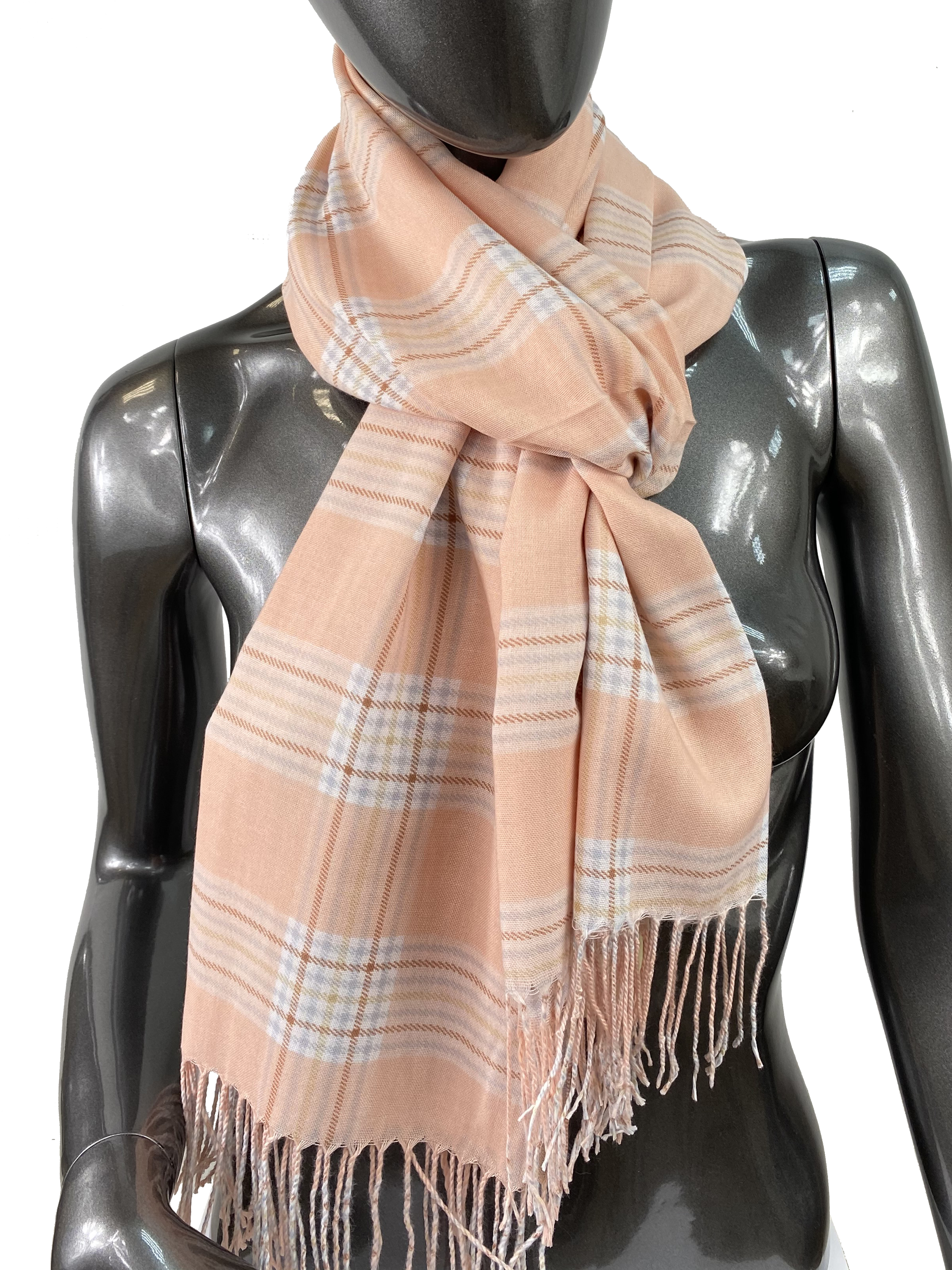 Лёгкий клетчатый шарф-палантин из хлопка и бамбука, цвет персиковый