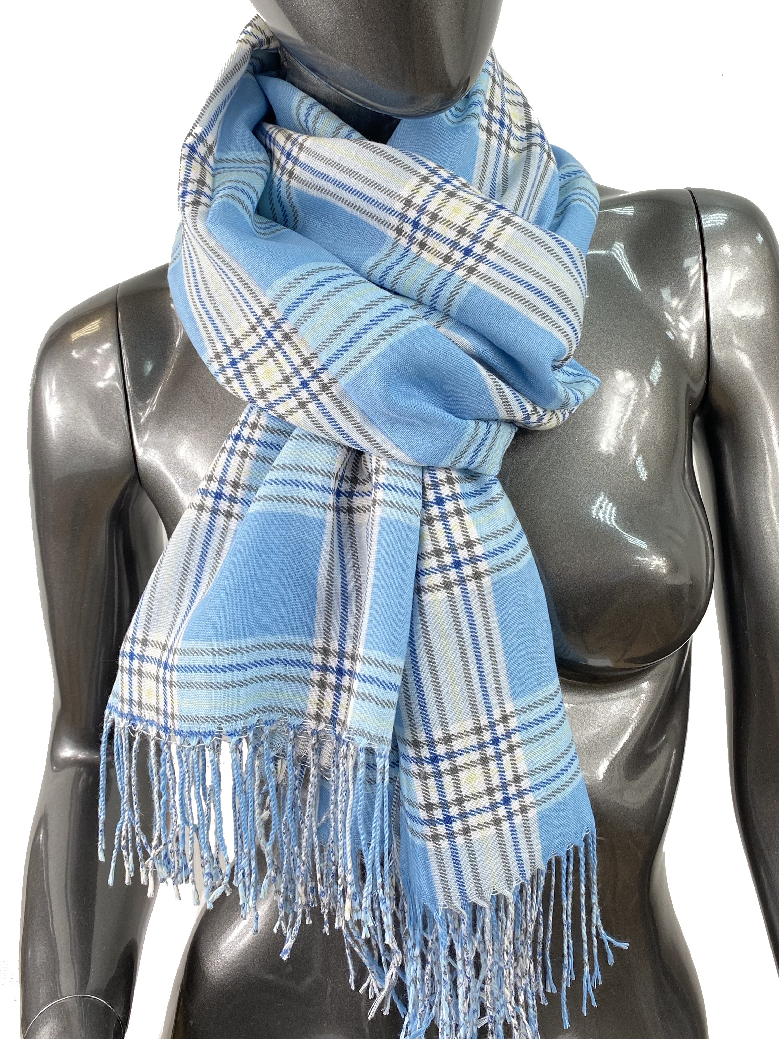 Лёгкий клетчатый шарф-палантин из хлопка и бамбука, цвет голубой