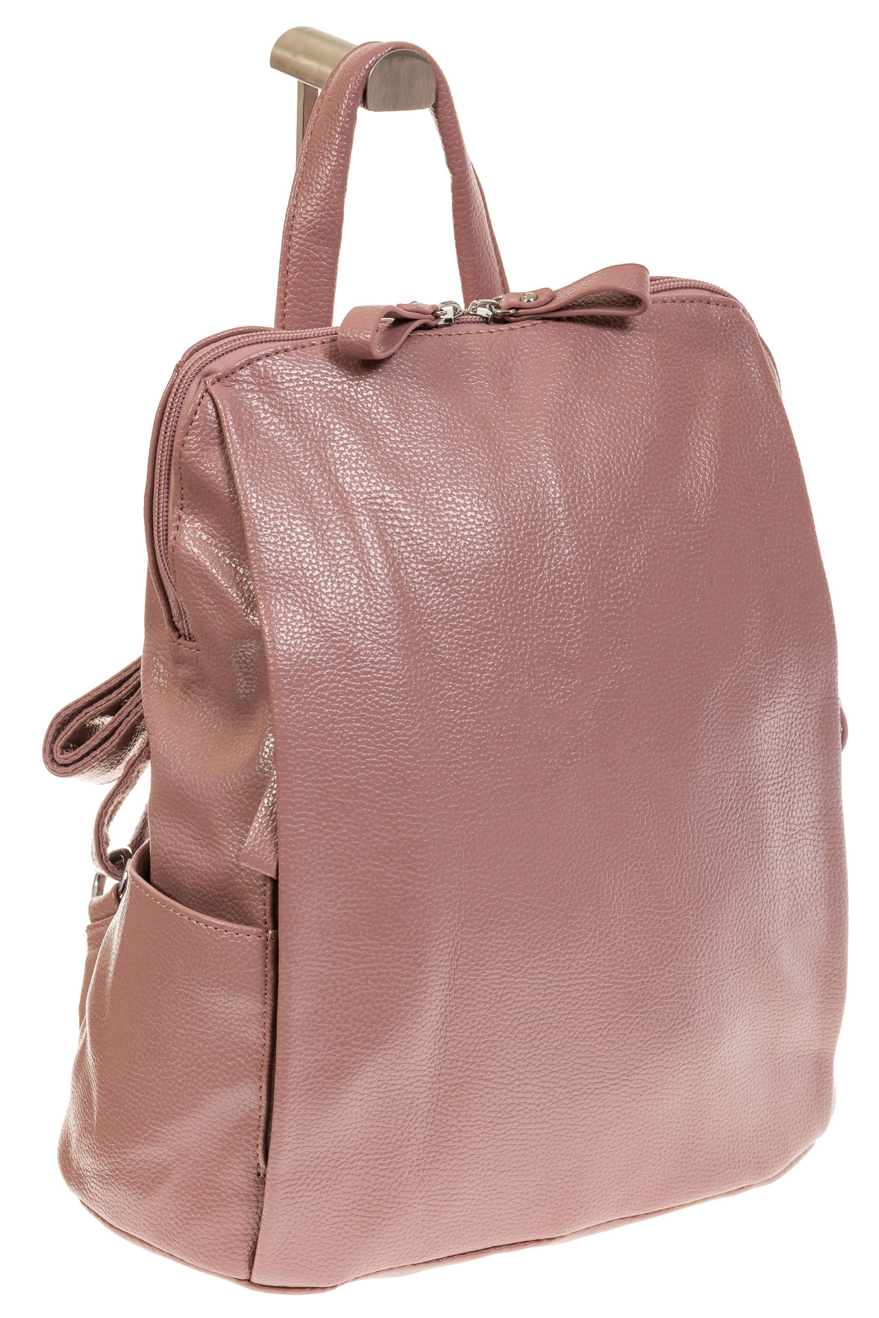 На фото 1 - Вместительный рюкзак из искусственной кожи пудрового цвета
