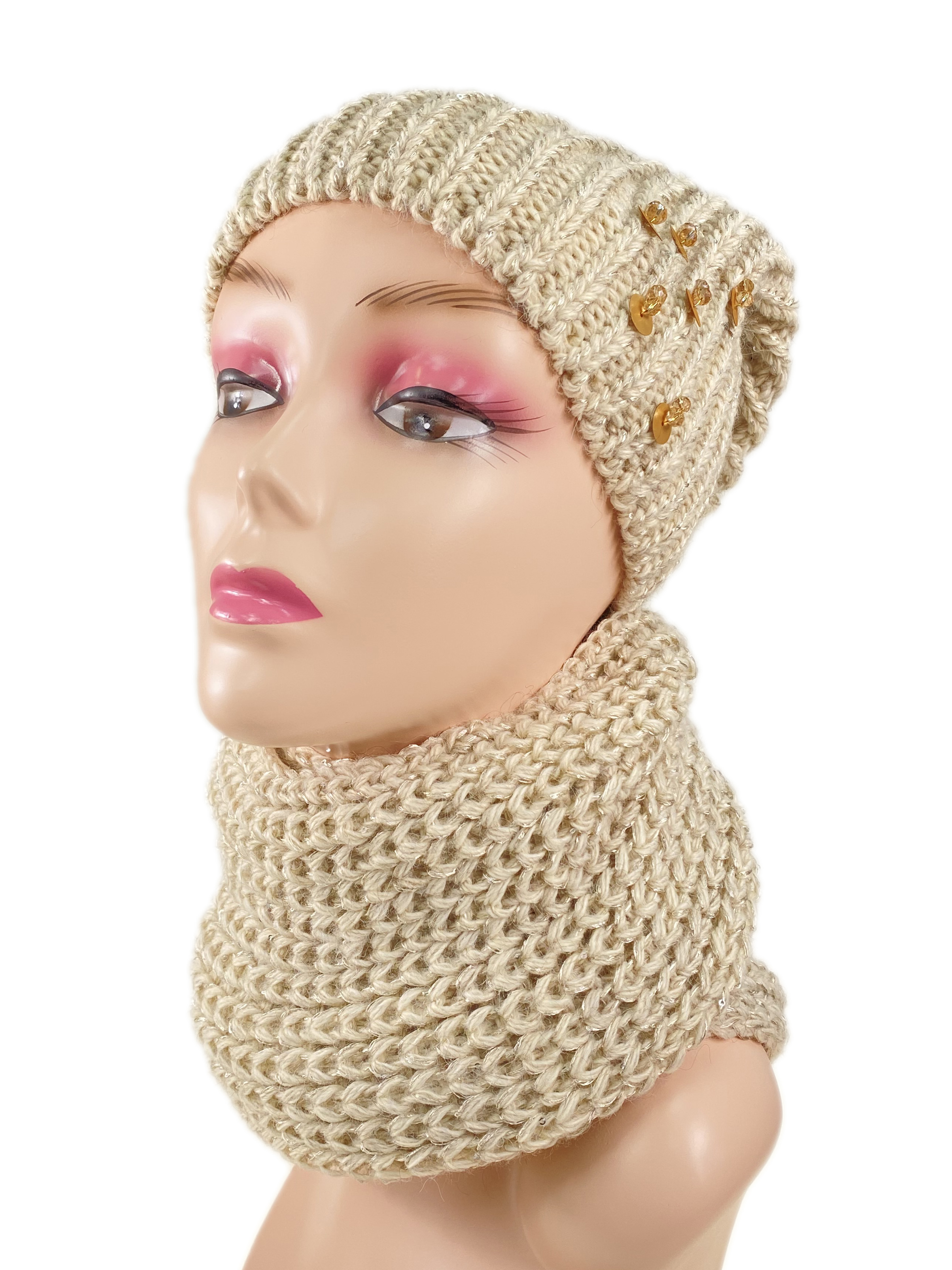 На фото 1 - Комплект женская шапка  и шарф, цвет бежевый