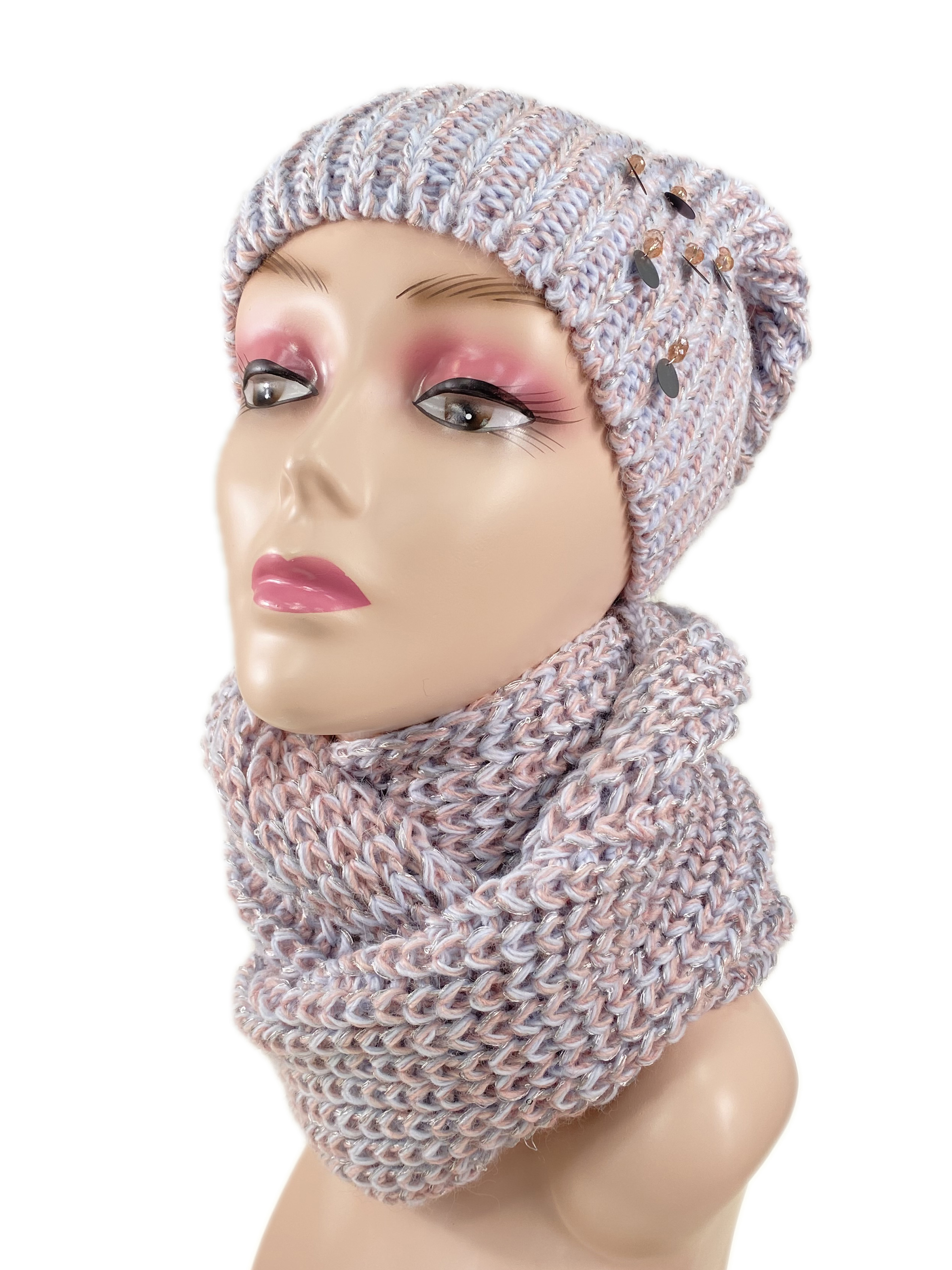 На фото 1 - Комплект женская шапка  и шарф, цвет розово-голубой