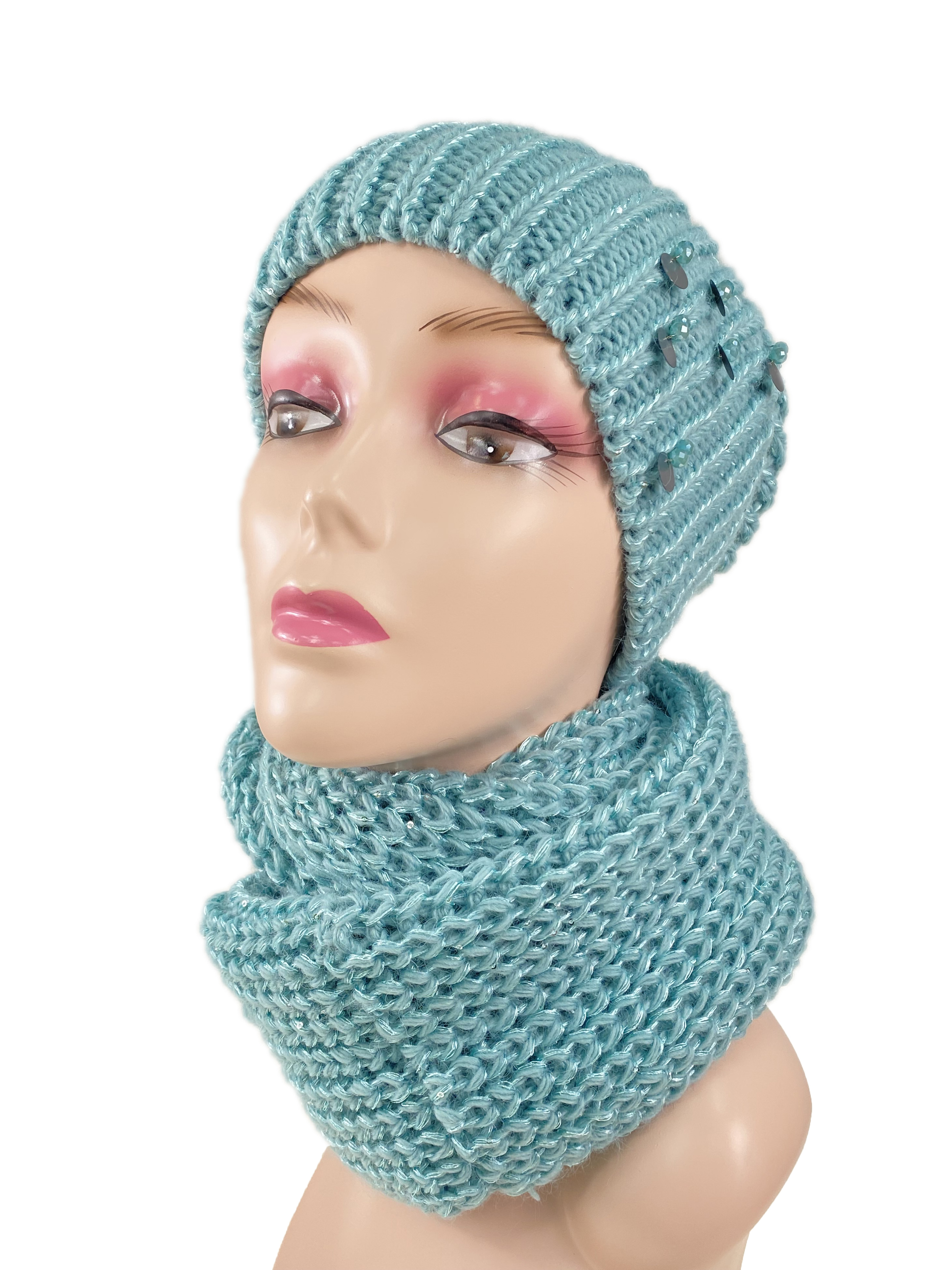 На фото 1 - Комплект женская шапка  и шарф, цвет бирюзовый
