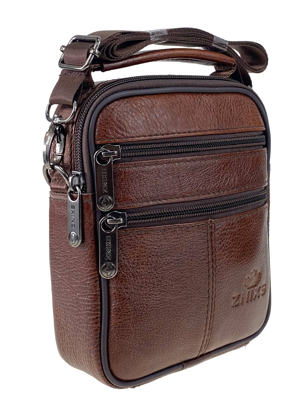 На фото 1 - Мужская сумка на пояс из фактурной натуральной кожи, коричневая