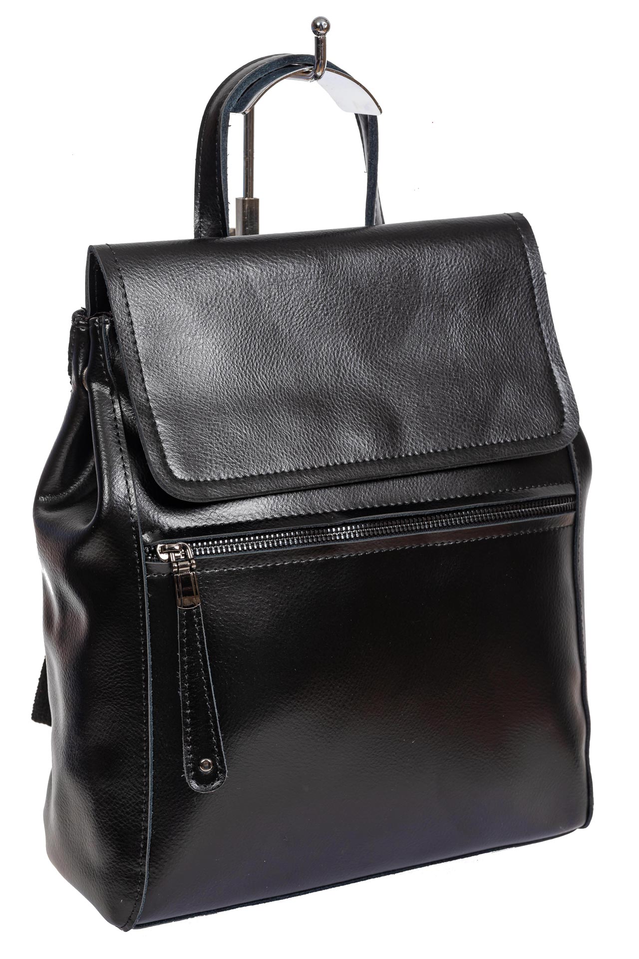 На фото 1 - Кожаный женский рюкзак-трансформер, цвет чёрный