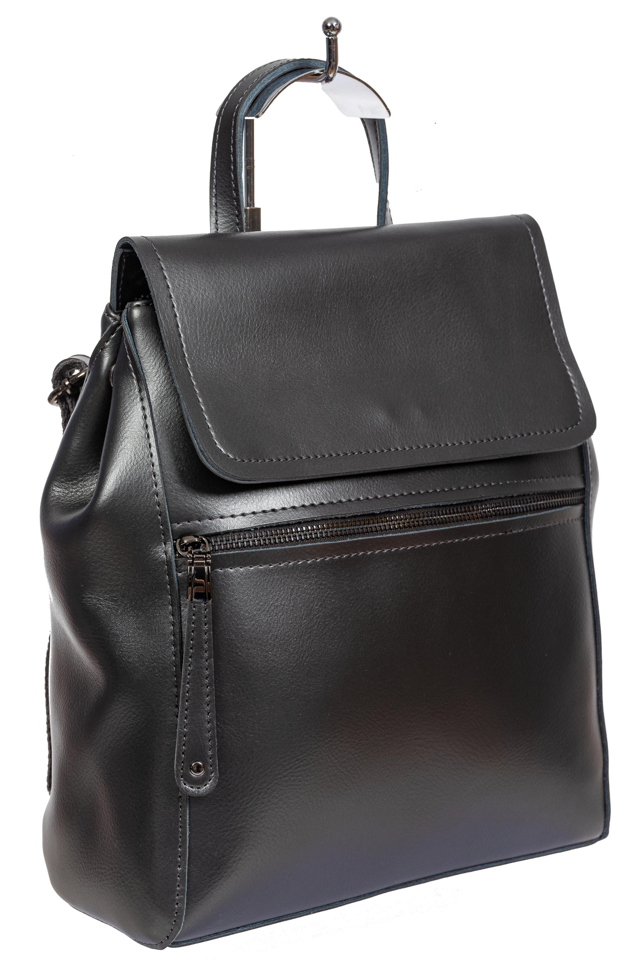 На фото 1 - Кожаный женский рюкзак-трансформер, цвет серый металлик