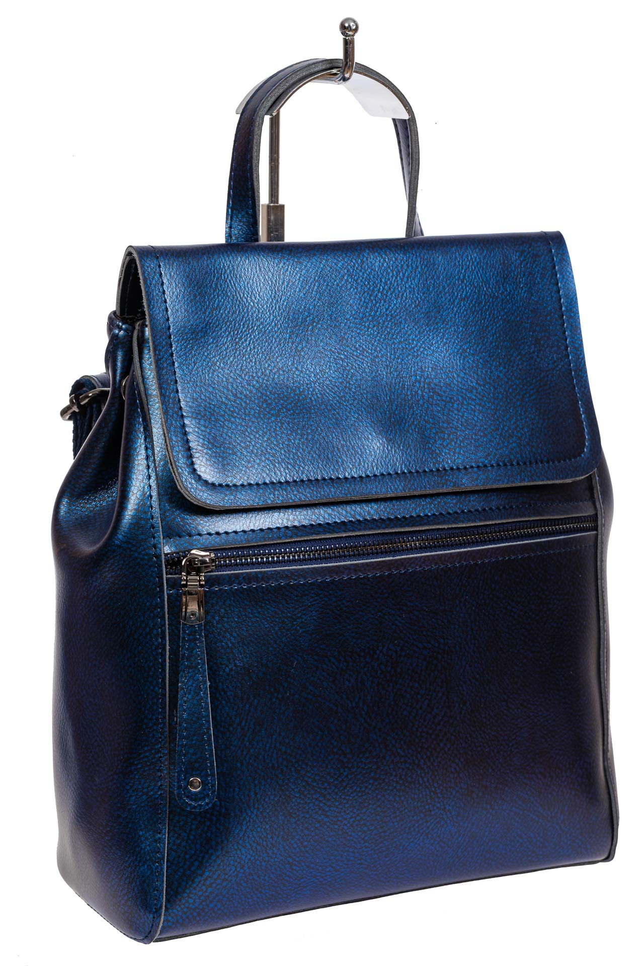 На фото 1 - Кожаный женский рюкзак-трансформер, цвет синий металлик