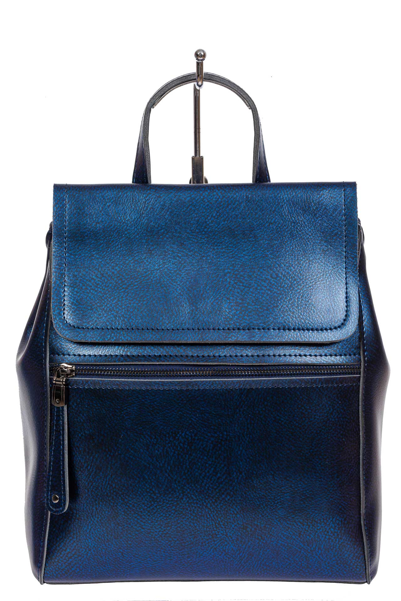 На фото 2 - Кожаный женский рюкзак-трансформер, цвет синий металлик