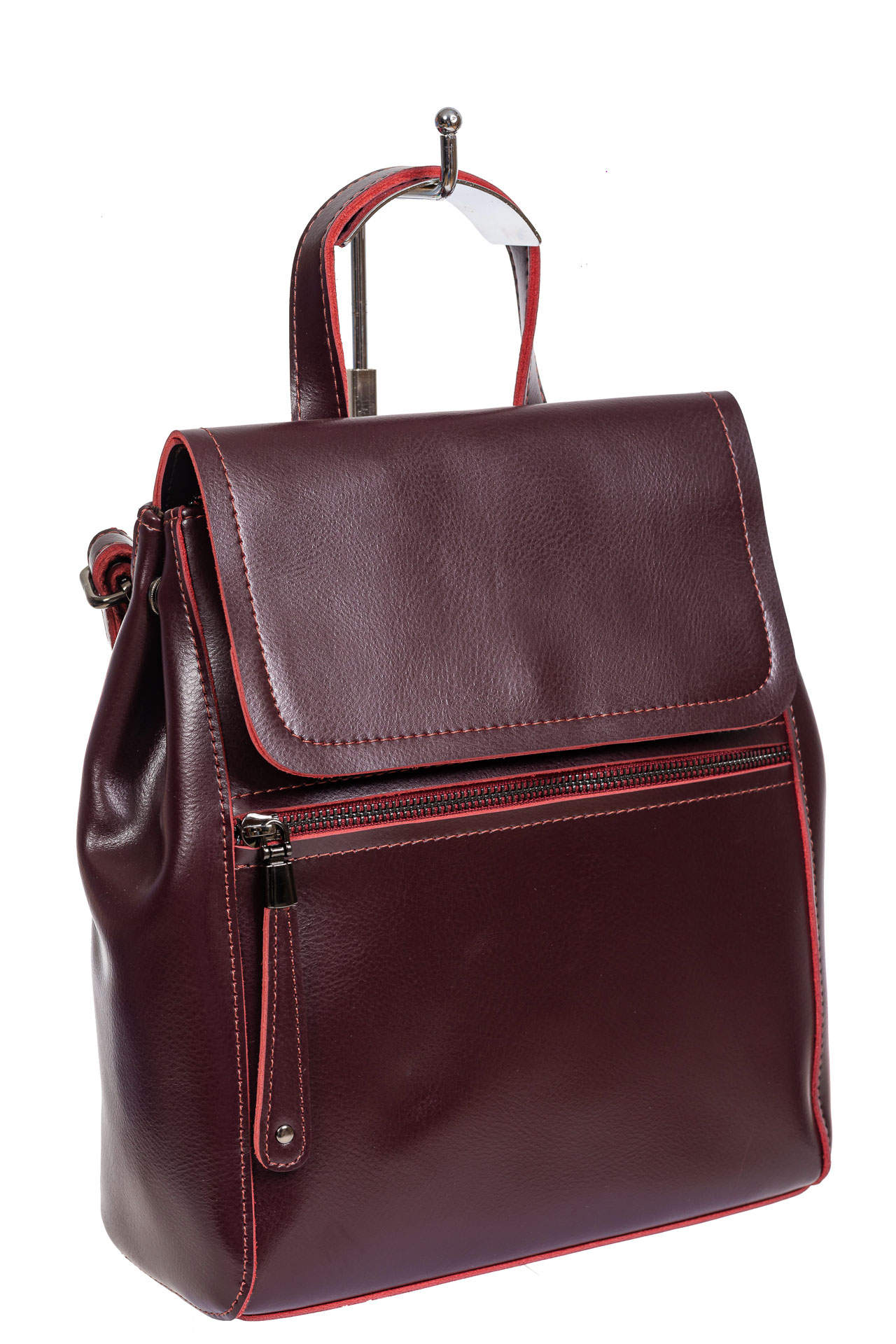 На фото 1 - Кожаный женский рюкзак-трансформер, цвет тёмно-бордовый