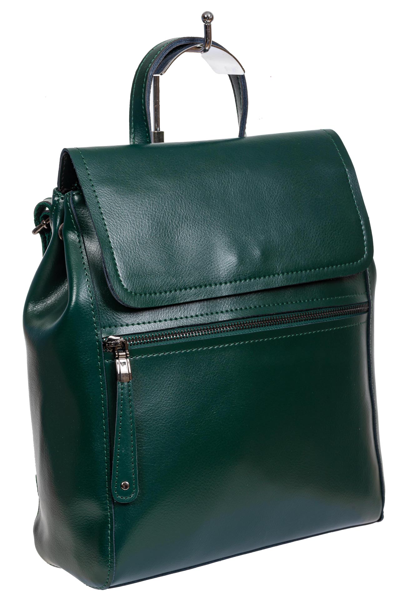 На фото 1 - Кожаный женский рюкзак-трансформер, цвет зелёный