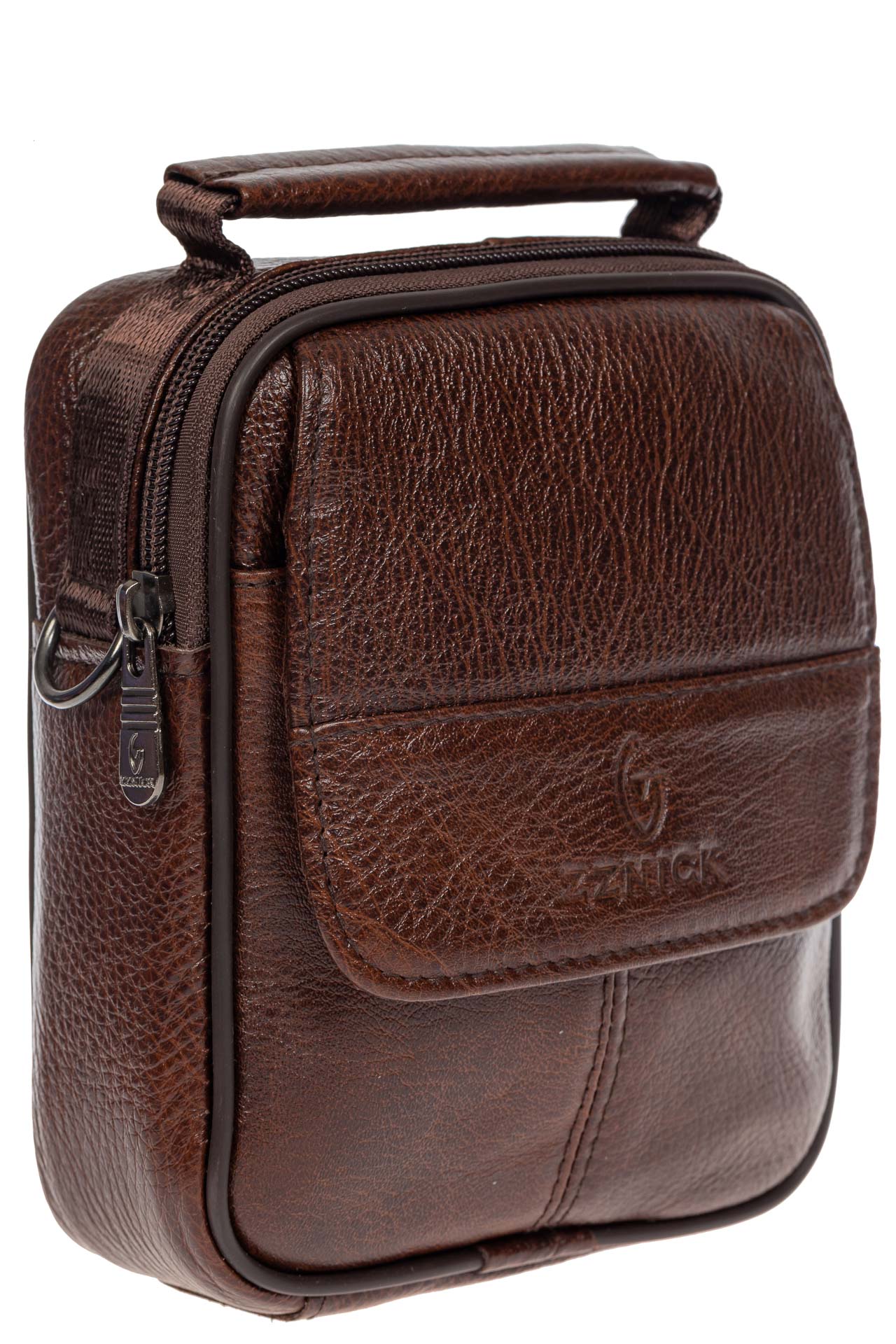 На фото 1 - Поясная мужская сумка из кожи, цвет коричневый