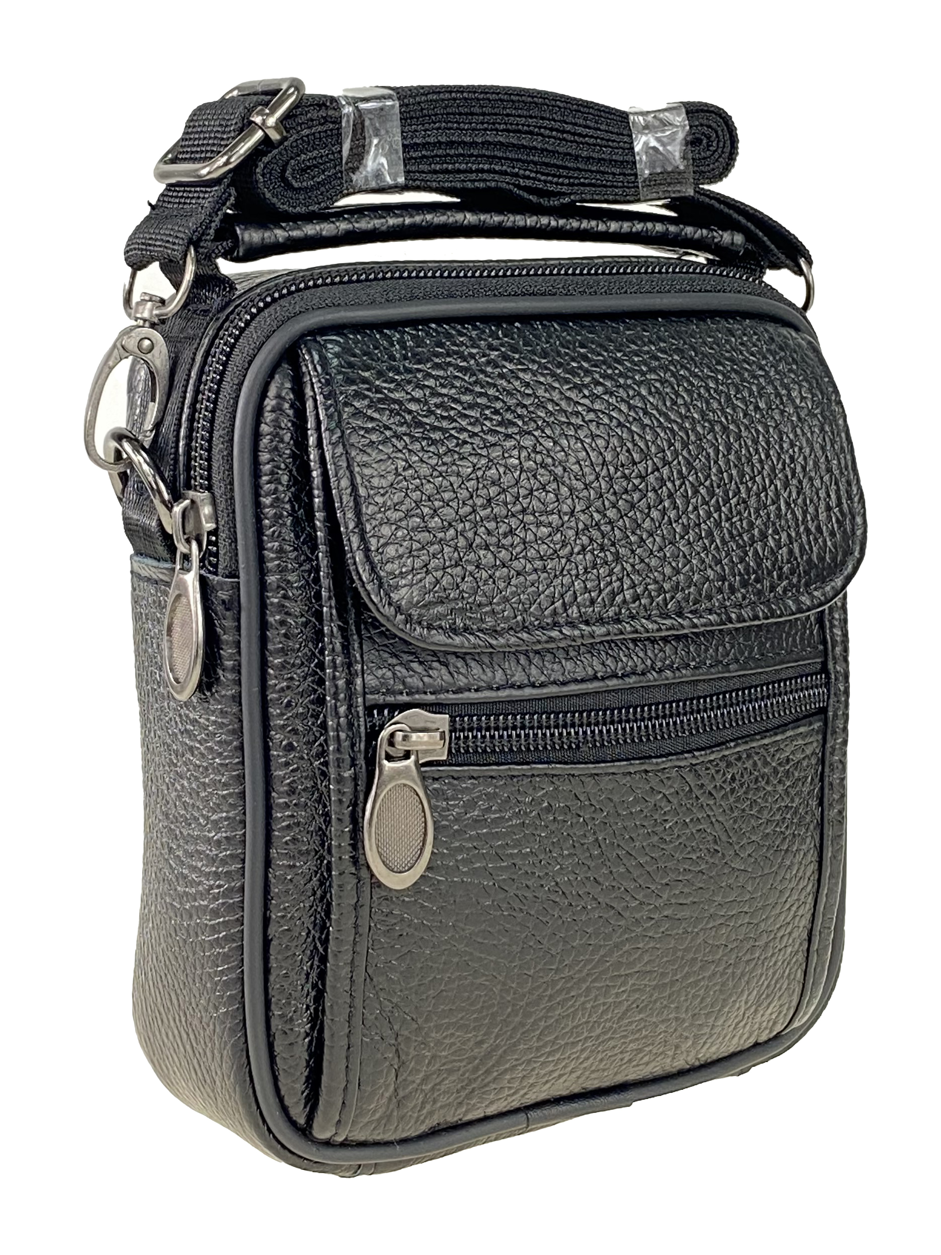 На фото 1 - Кожаная мужская сумка на пояс, чёрный цвет