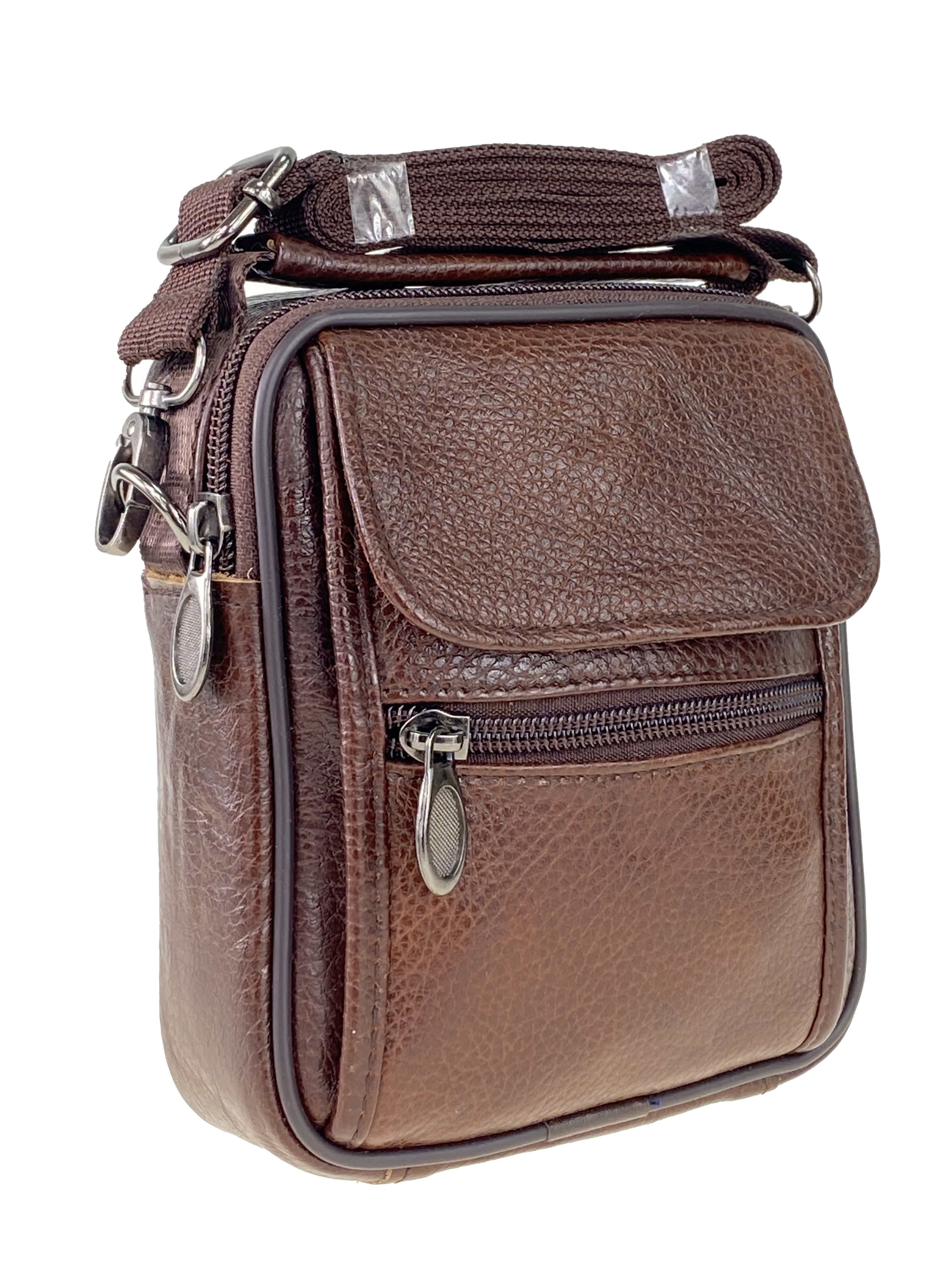 На фото 1 - Кожаная мужская сумка на пояс, коричневый цвет