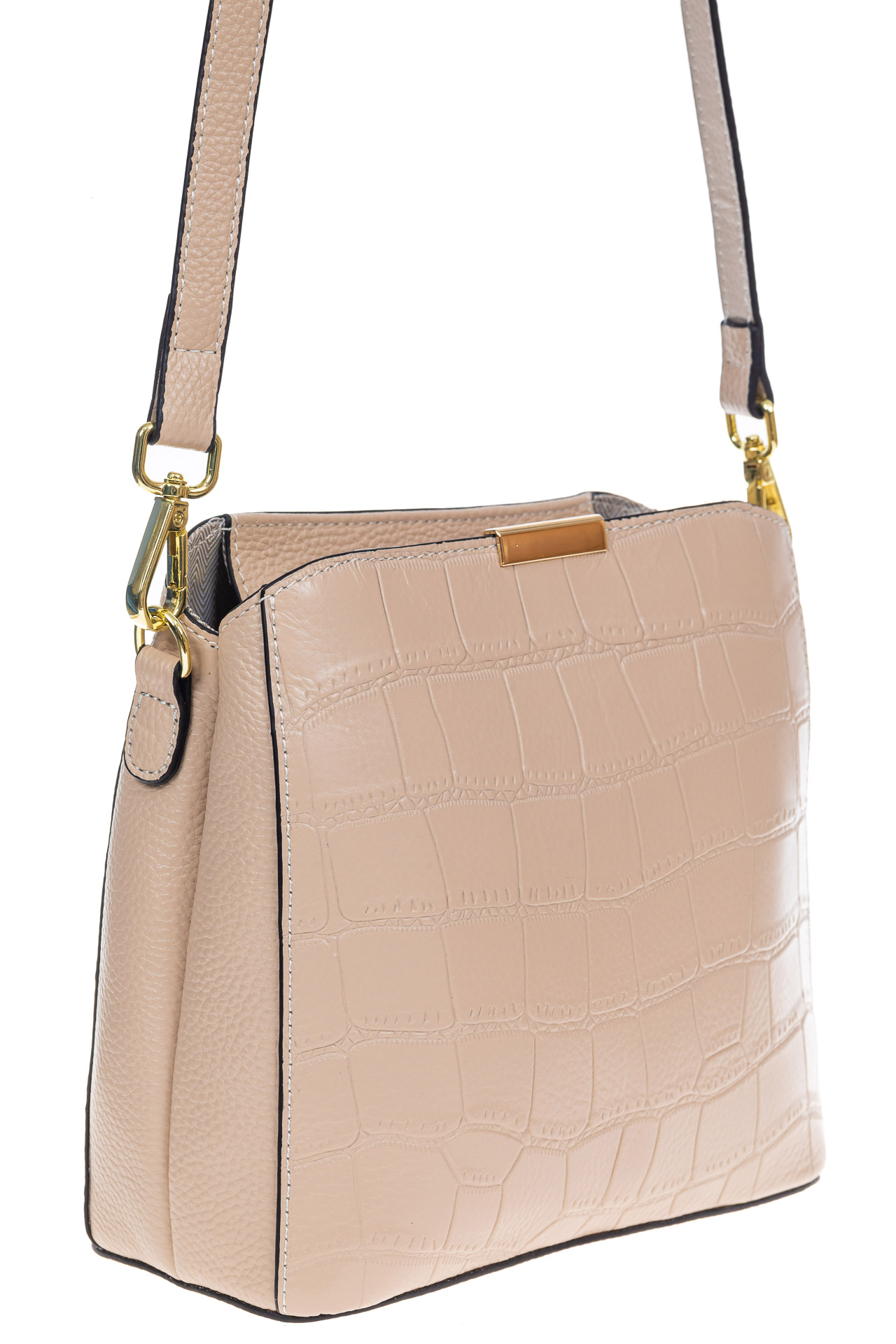 На фото 1 - Женская сумка кросс-боди из натуральной кожи с фактурой рептилии, цвет пудра