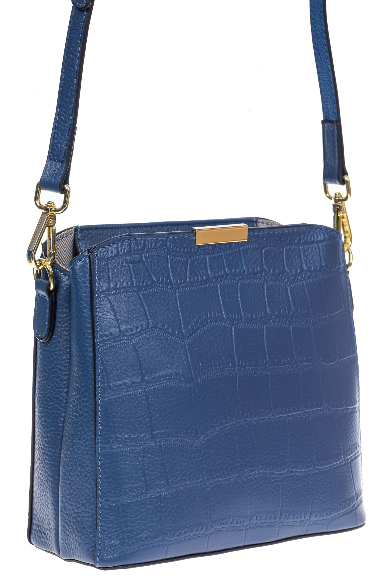 На фото 1 - Женская сумка кросс-боди из натуральной кожи с фактурой рептилии, цвет синий