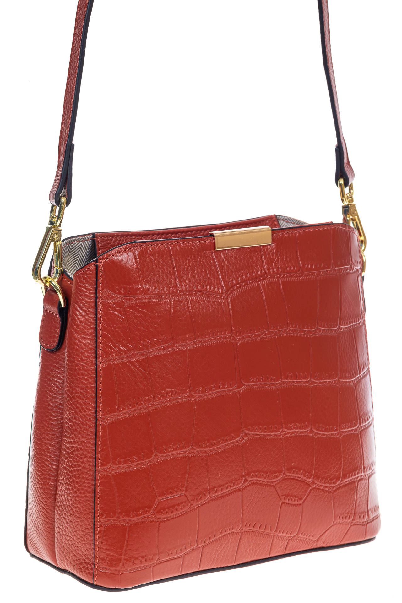 На фото 1 - Женская сумка кросс-боди из натуральной кожи с фактурой рептилии, цвет кирпично-красный