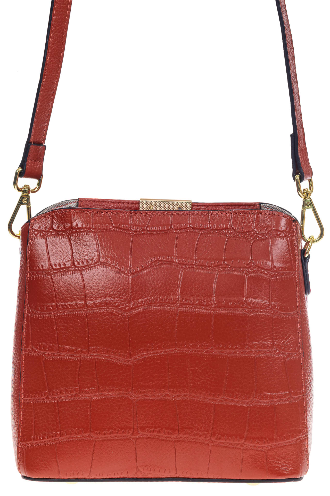 На фото 3 - Женская сумка кросс-боди из натуральной кожи с фактурой рептилии, цвет кирпично-красный