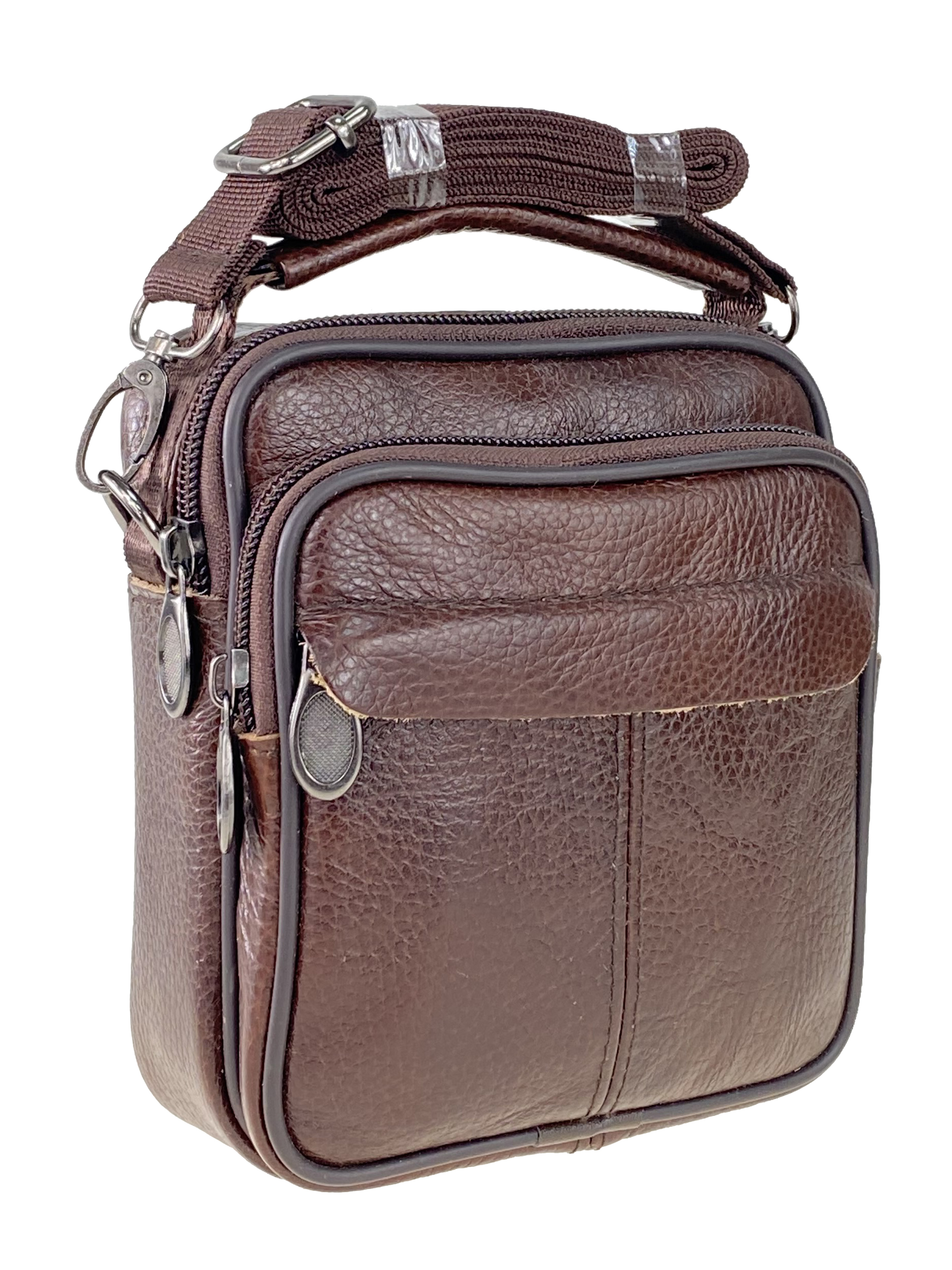 На фото 1 - Мужская сумка на пояс из фактурной натуральной кожи, цвет коричневый