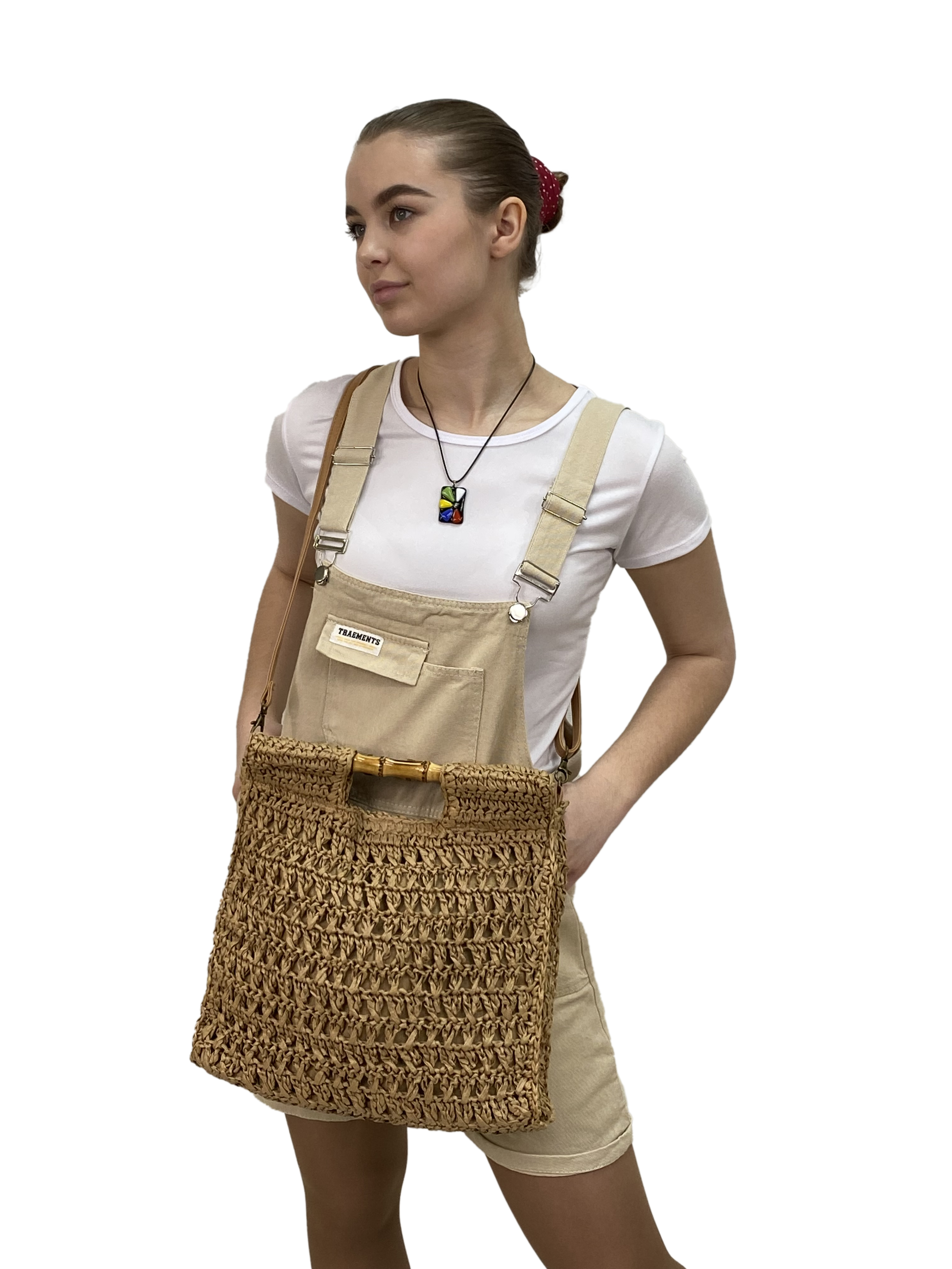 На фото 3 - Женская плетеная сумка из джута, с акцентными  ручками из бамбука, цвет крафт